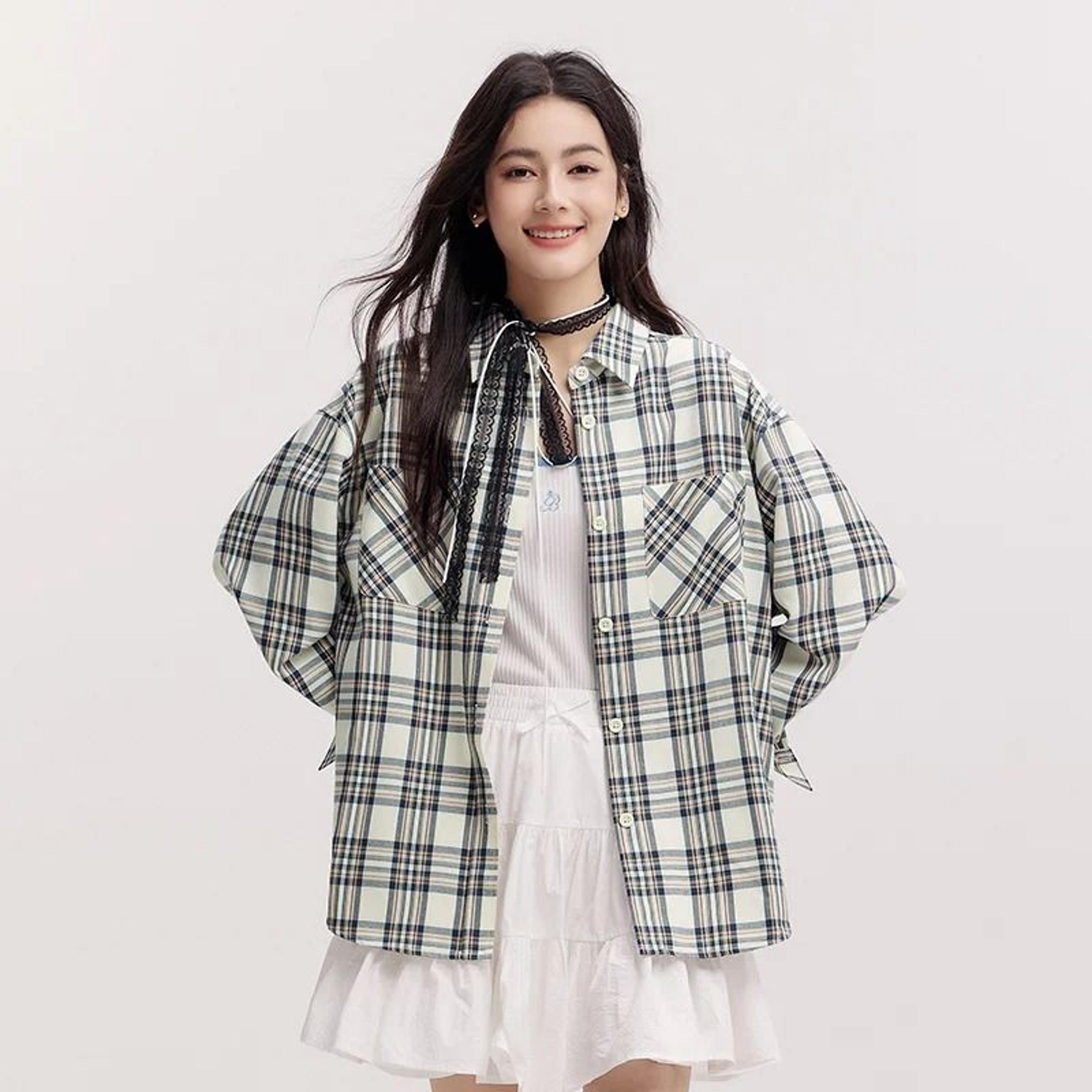 Semir Womens Oversized Checked Shirt  MidLong Vintage ButtonDown Spring Top 6