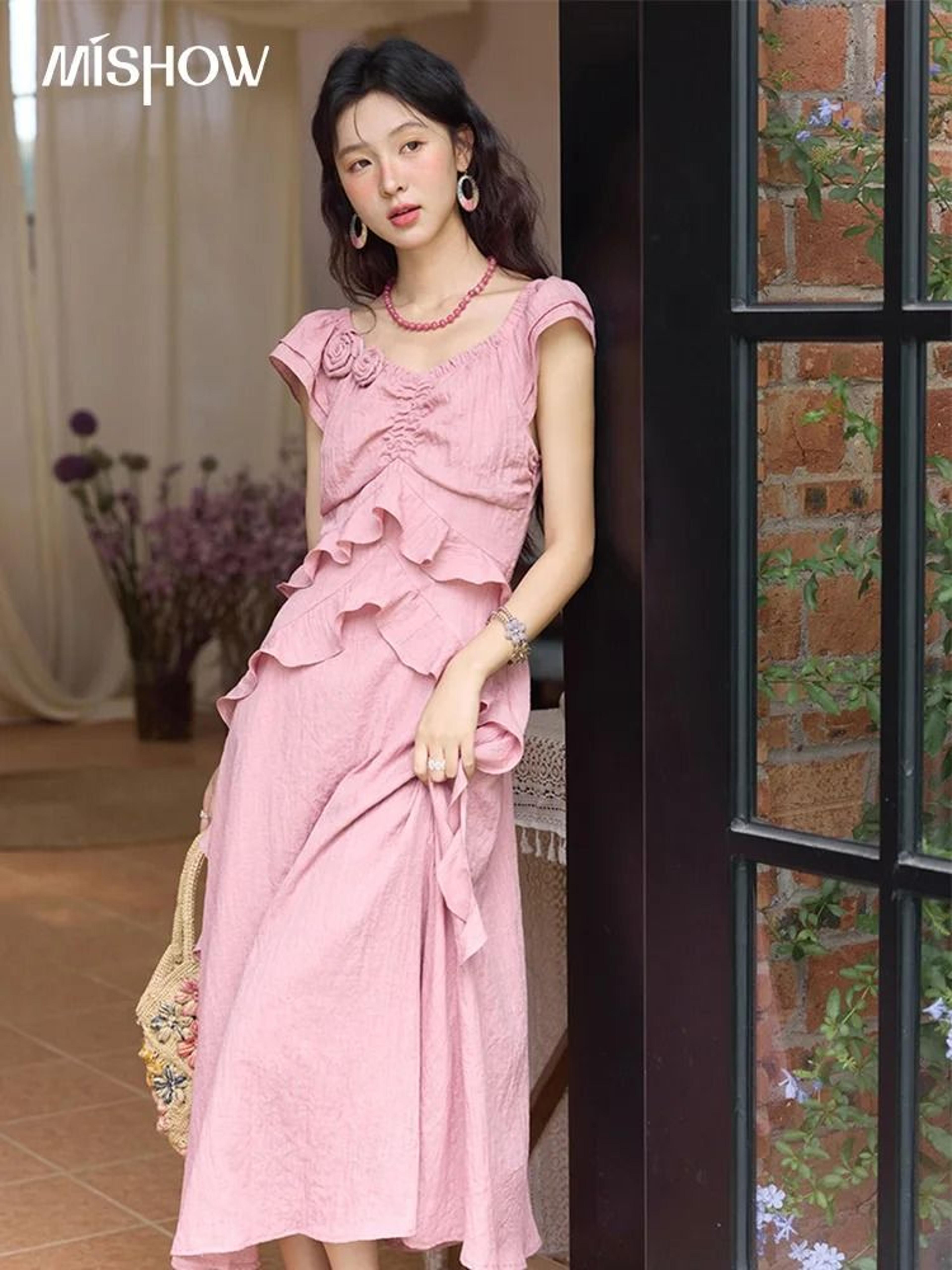 mishow floral applique flutter sleeve pink midi dress - v-neck ruffled summer vacation dress