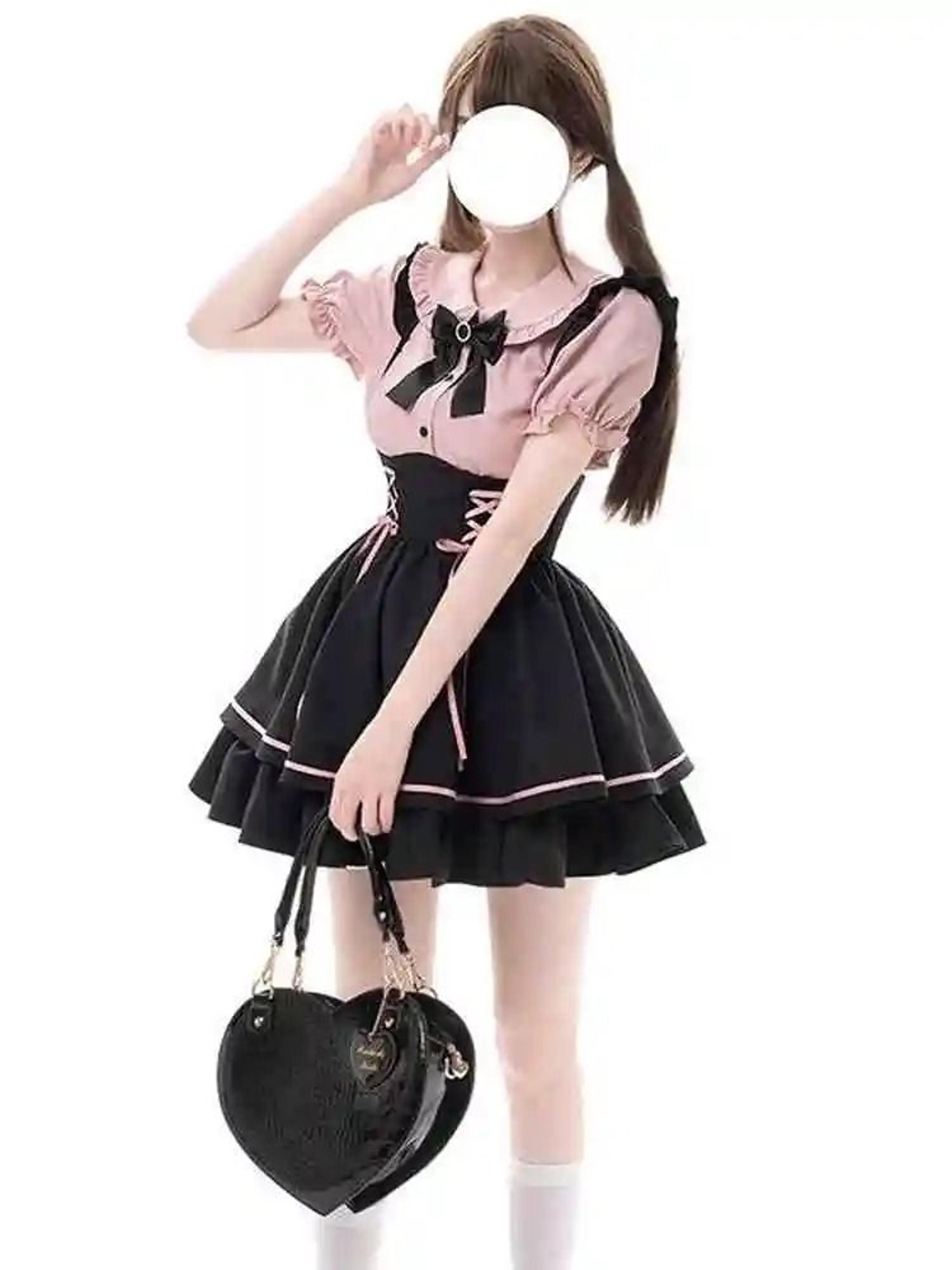 Sweet Lolita School Princess TwoPiece Set  Doll Collar ShortSleeve Blouse  HighWaist ALine Skirt 4