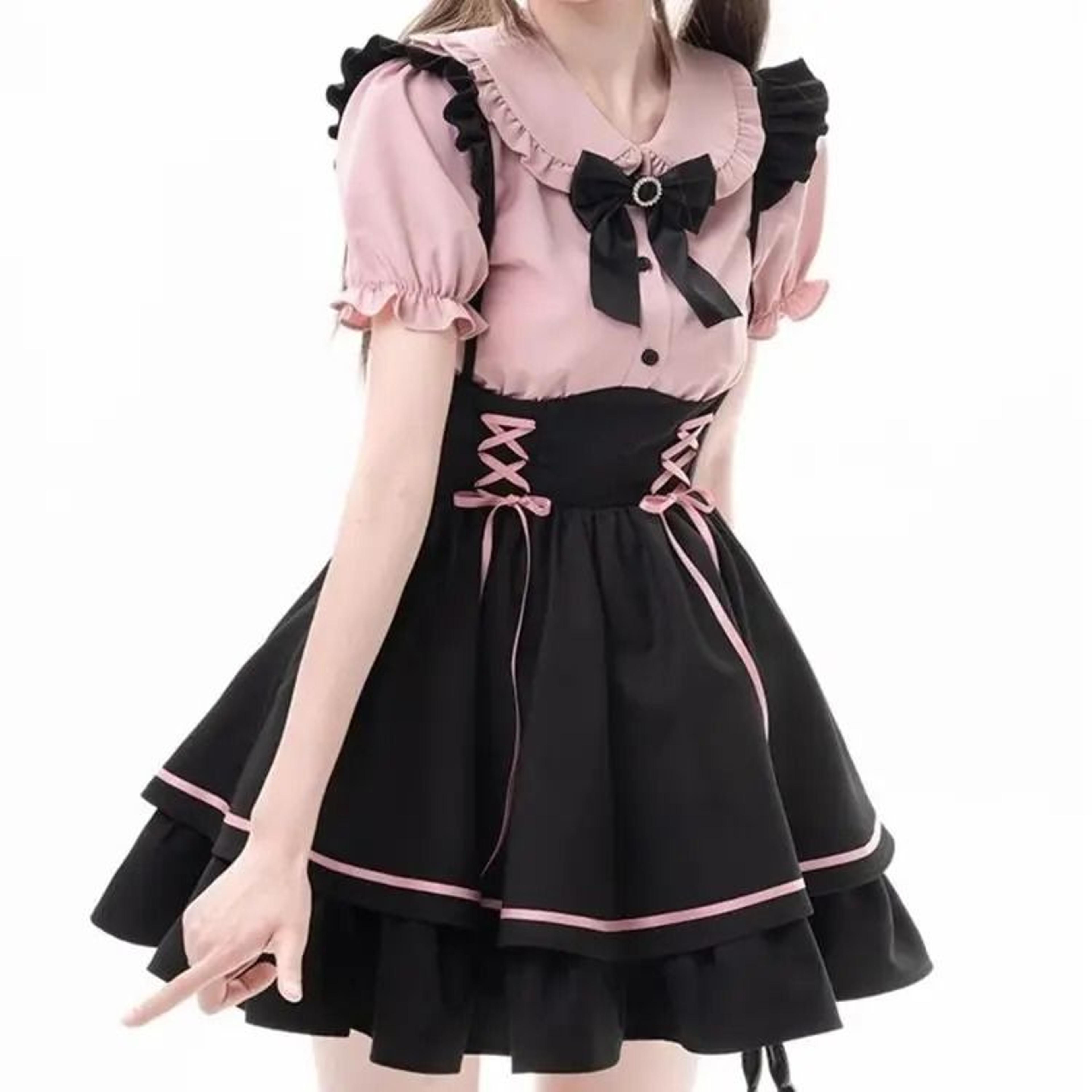 Sweet Lolita School Princess TwoPiece Set  Doll Collar ShortSleeve Blouse  HighWaist ALine Skirt 5
