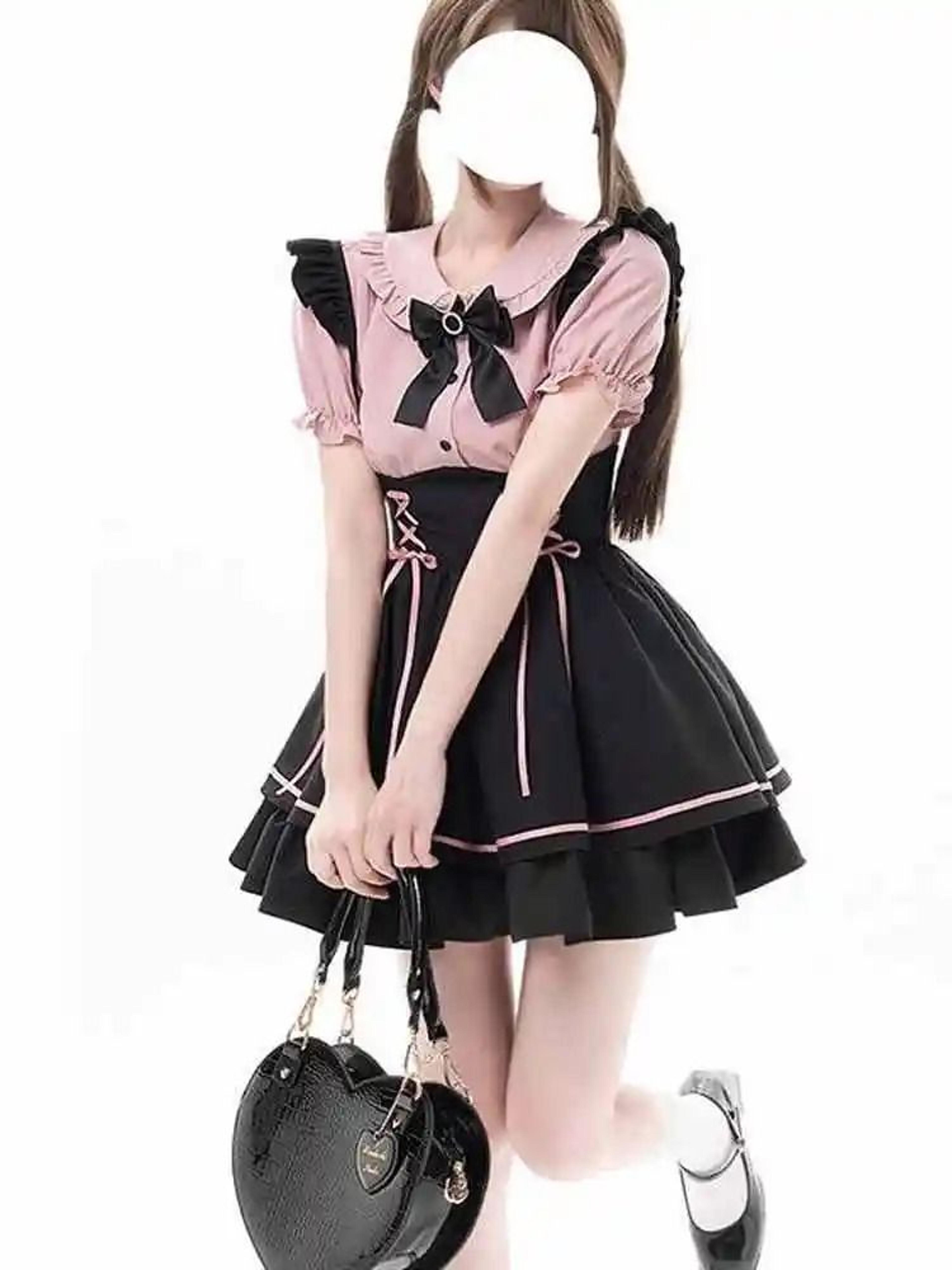 Sweet Lolita School Princess TwoPiece Set  Doll Collar ShortSleeve Blouse  HighWaist ALine Skirt 1