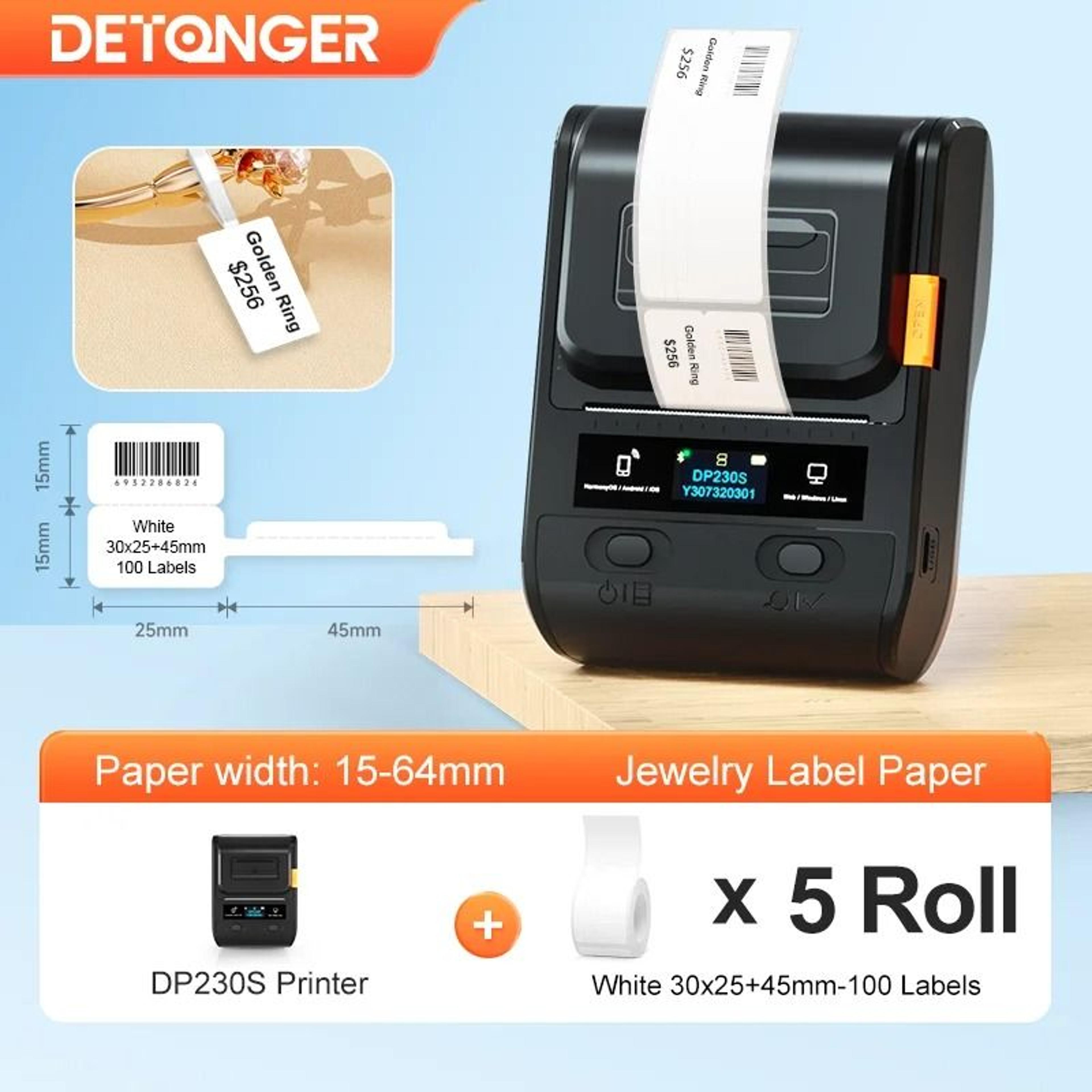 detonger dp230s 15-64mm thermal label printer kit with 5 rolls paper