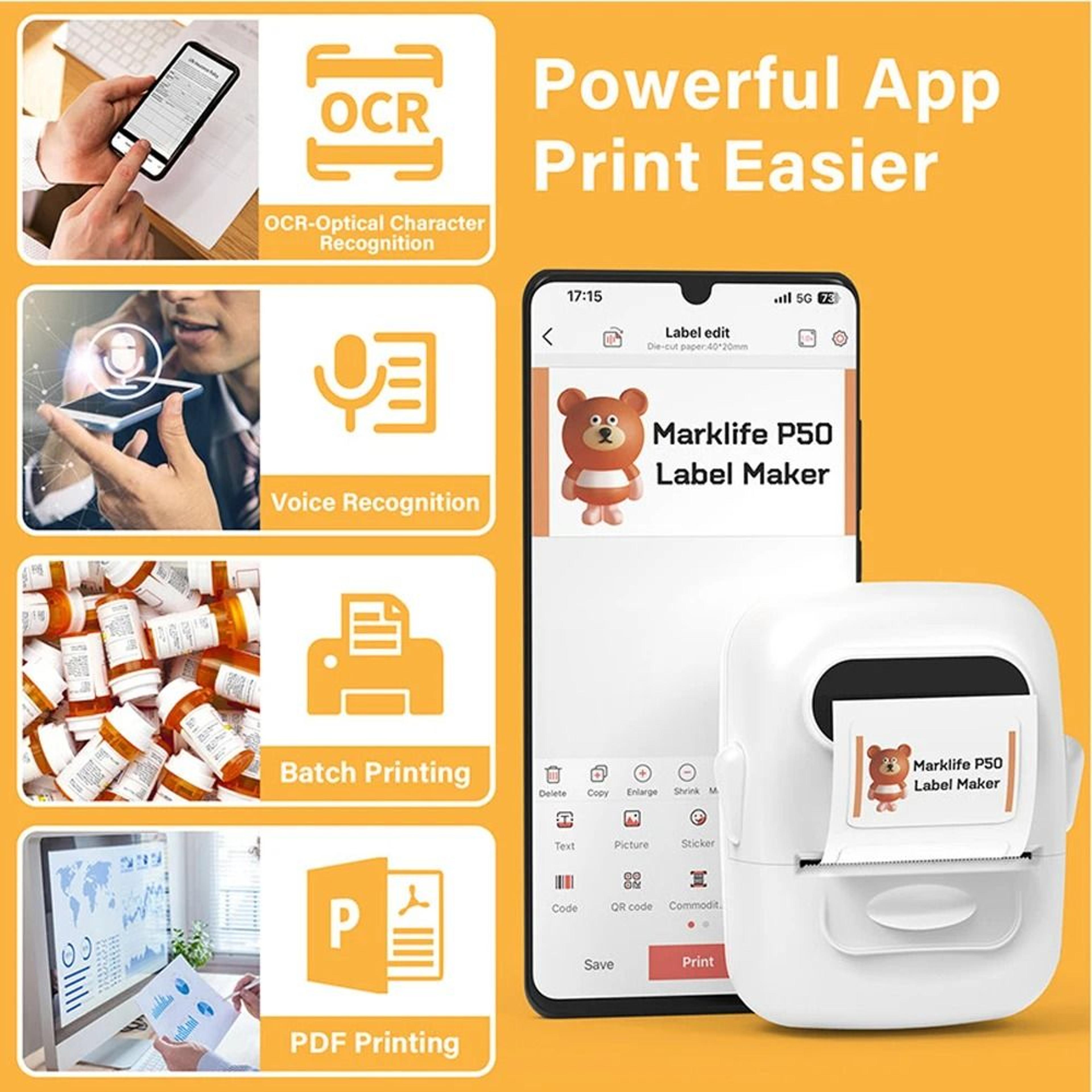 Marklife P50 Mini Bluetooth Thermal Label Printer SelfAdhesive Sticker Maker For Kitchen  Office Ta 2