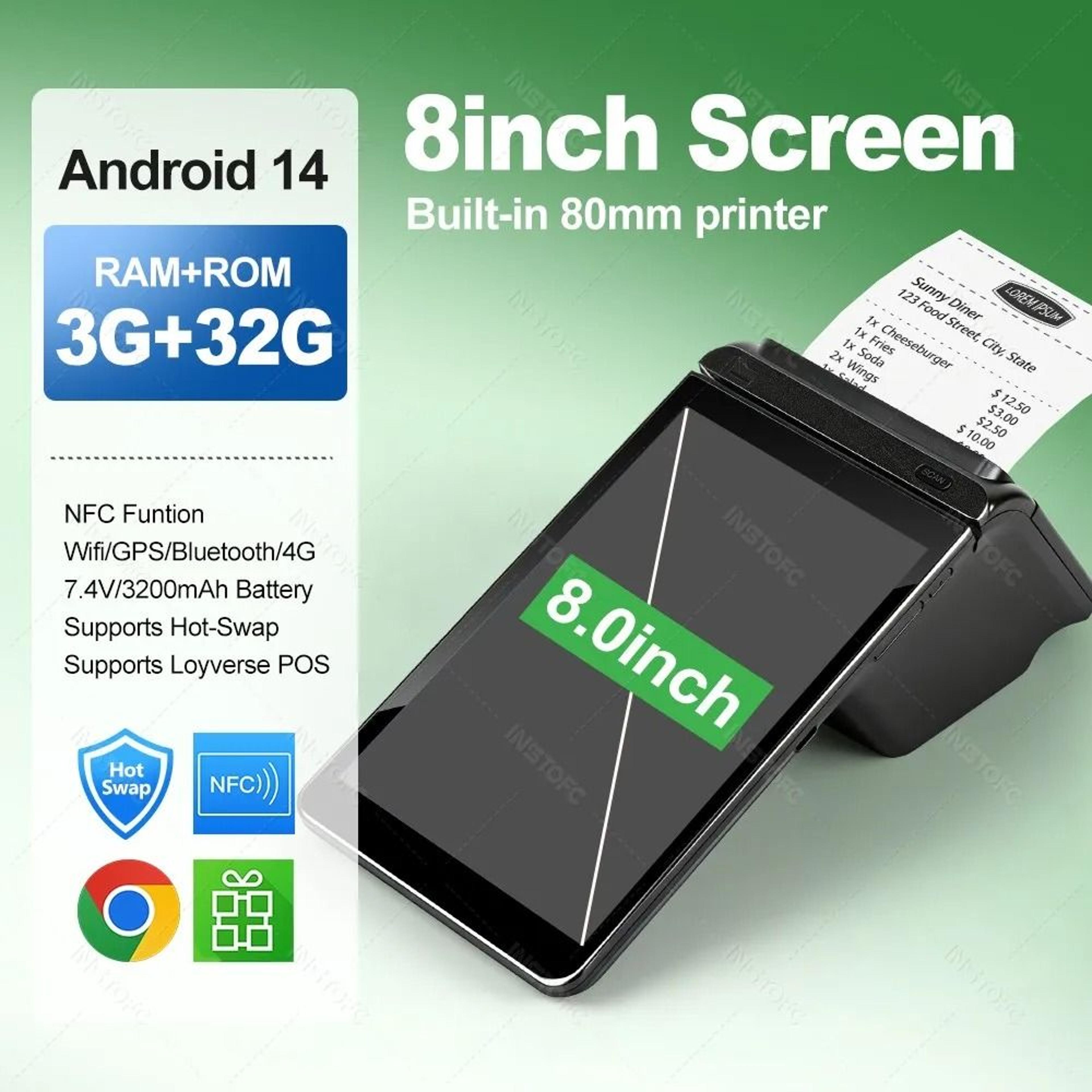 Android 14 AllInOne POS PDA Terminal With 58mm80mm Thermal Receipt Printer  NFC 8