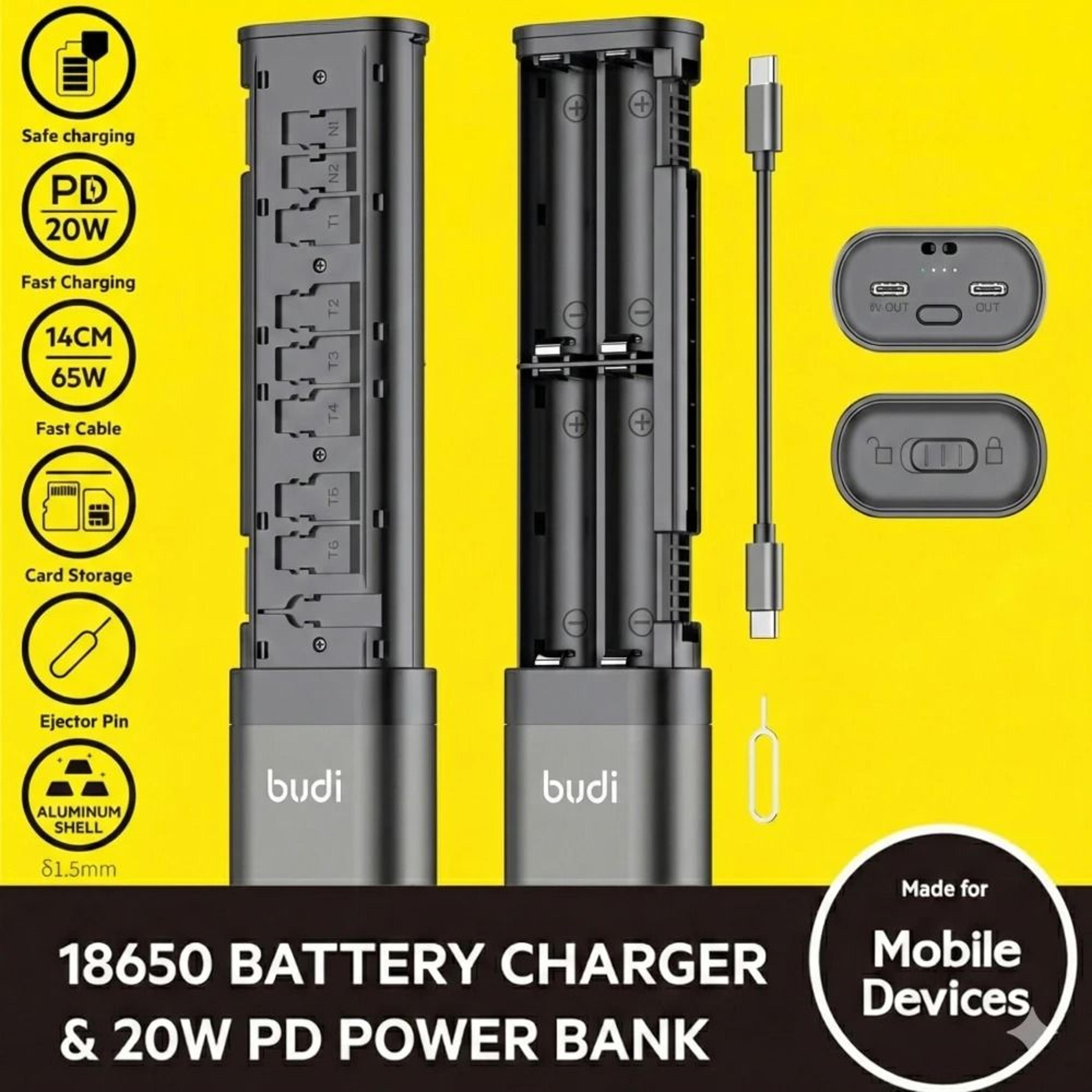 budi 18650 battery fast charger 20w pd power bank with sim & tf card storage case