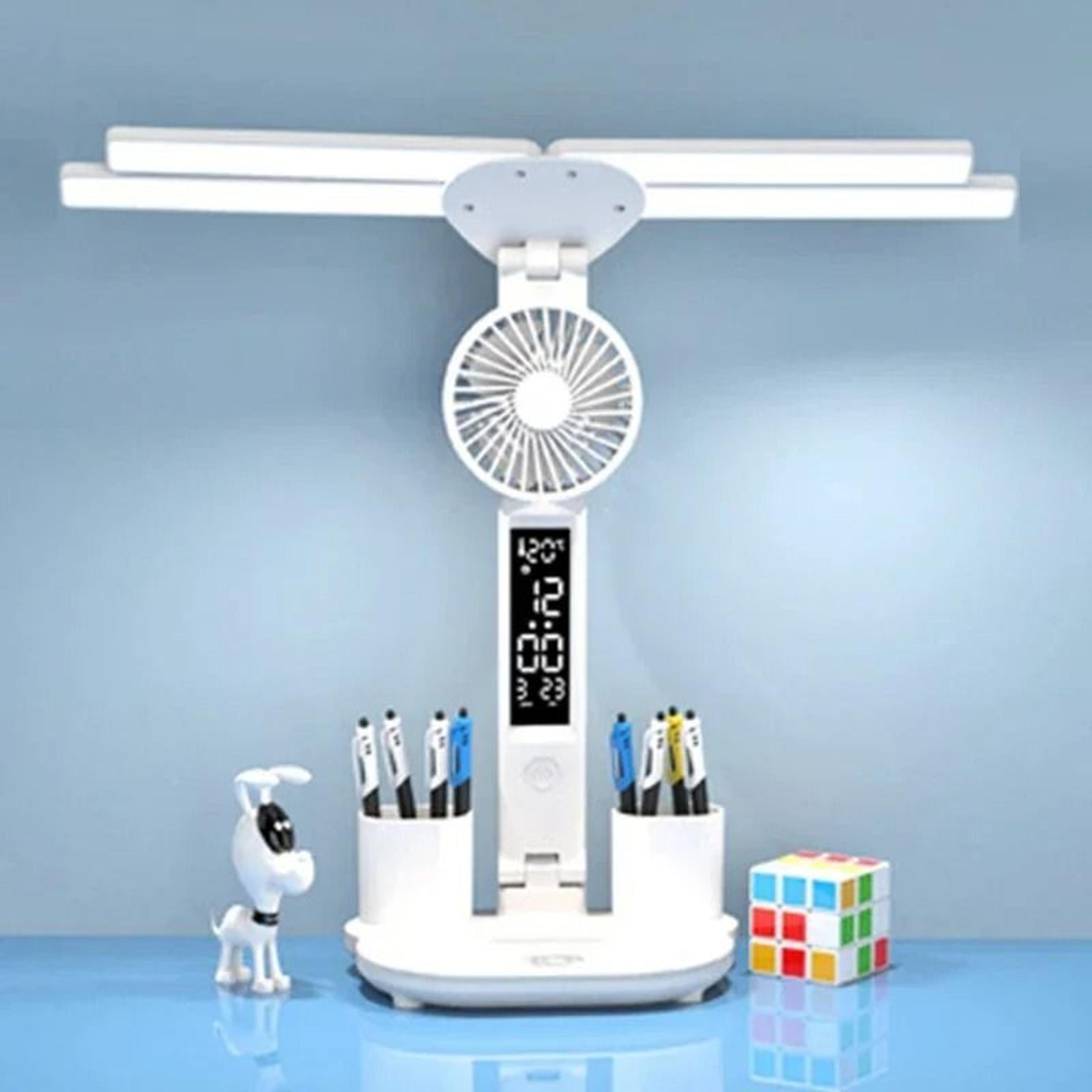 Multifunction 4Headed Folding LED Desk Lamp With Cooling Fan  Digital Clock Display 1