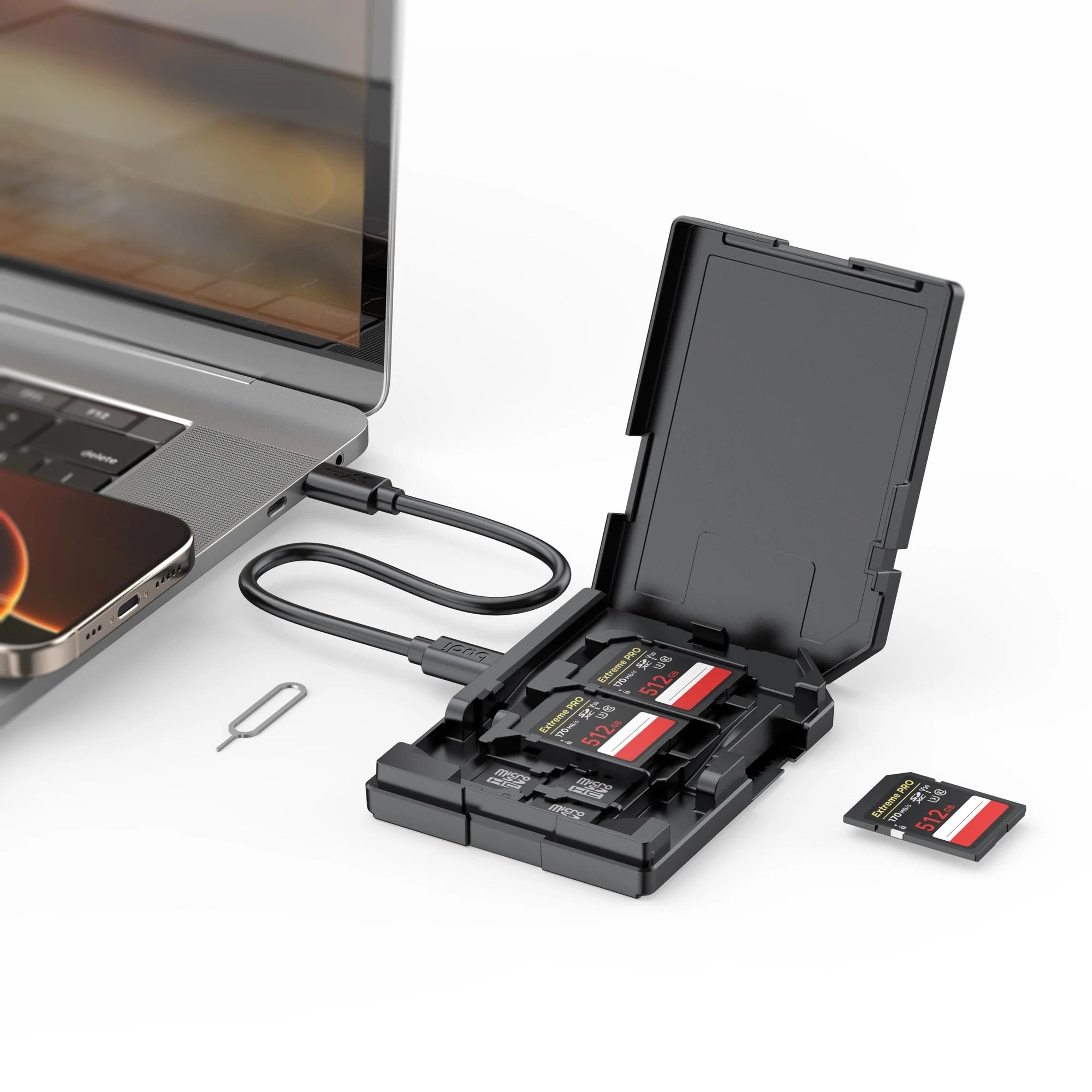 budi all-in-one multi-slot sd memory card storage case & dual usb-a / type-c high-speed card reader