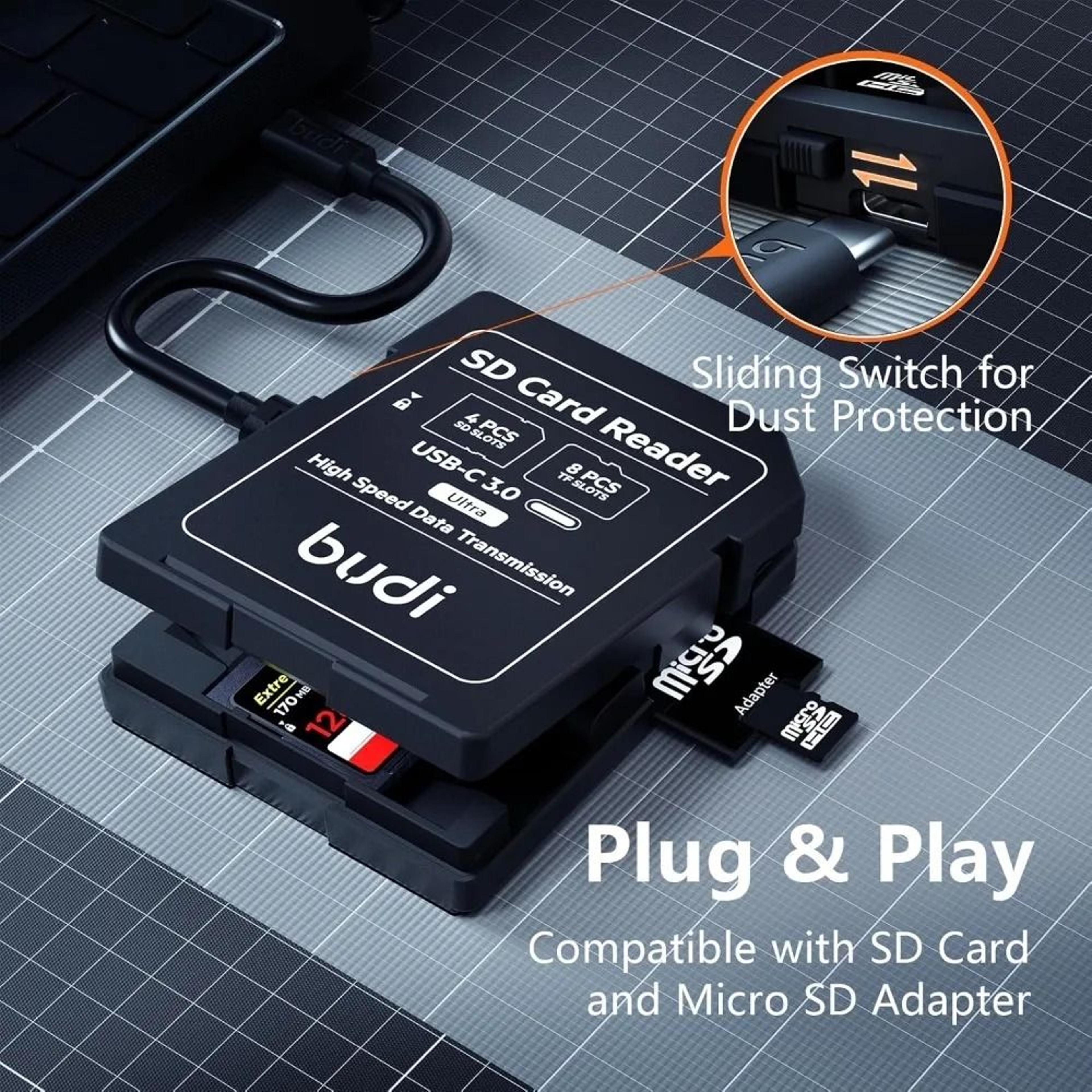 BUDI AllinOne MultiSlot SD Memory Card Storage Case  Dual USBA  TypeC HighSpeed Card Reader 1