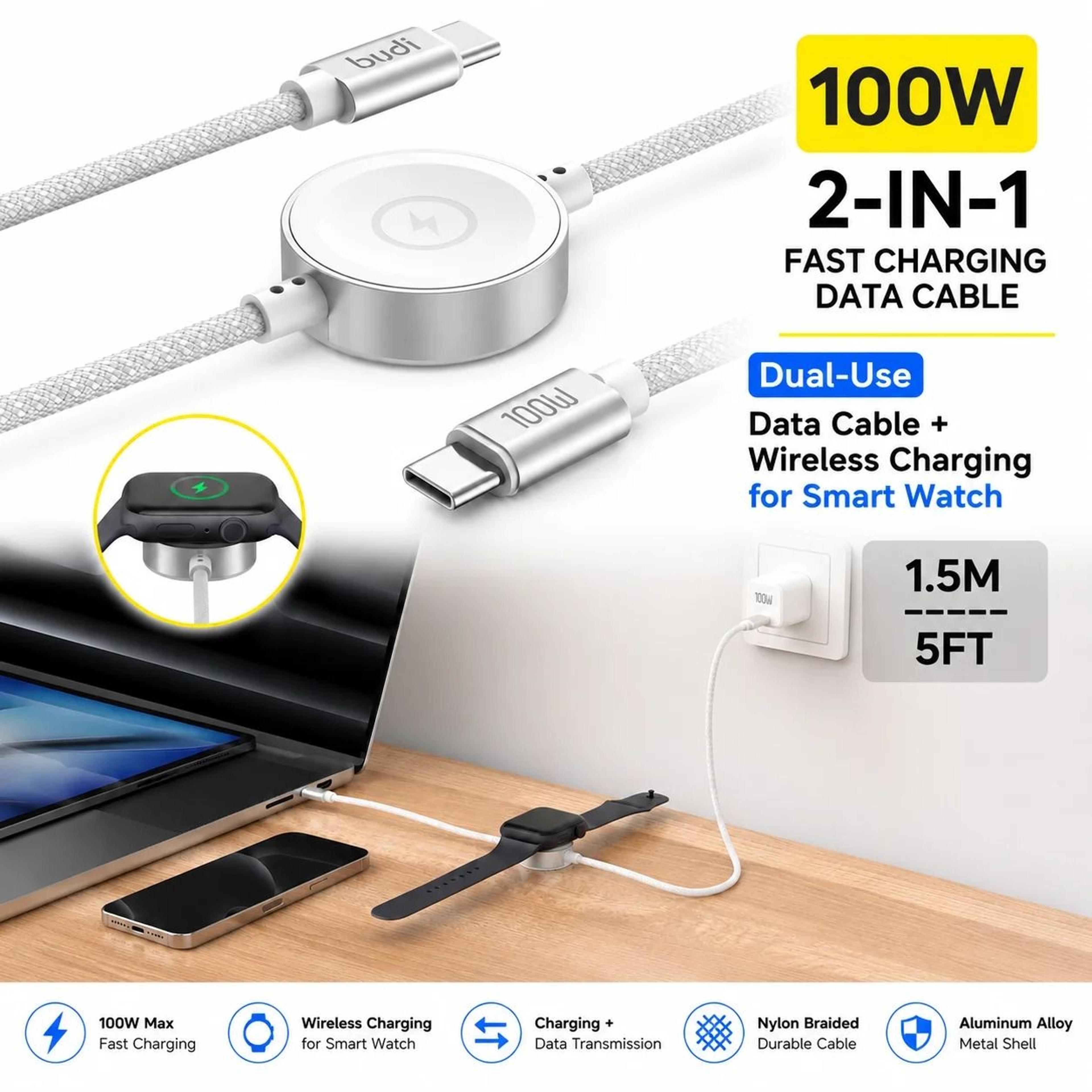 100w 2-in-1 usb-c fast charging cable with magnetic smartwatch charger