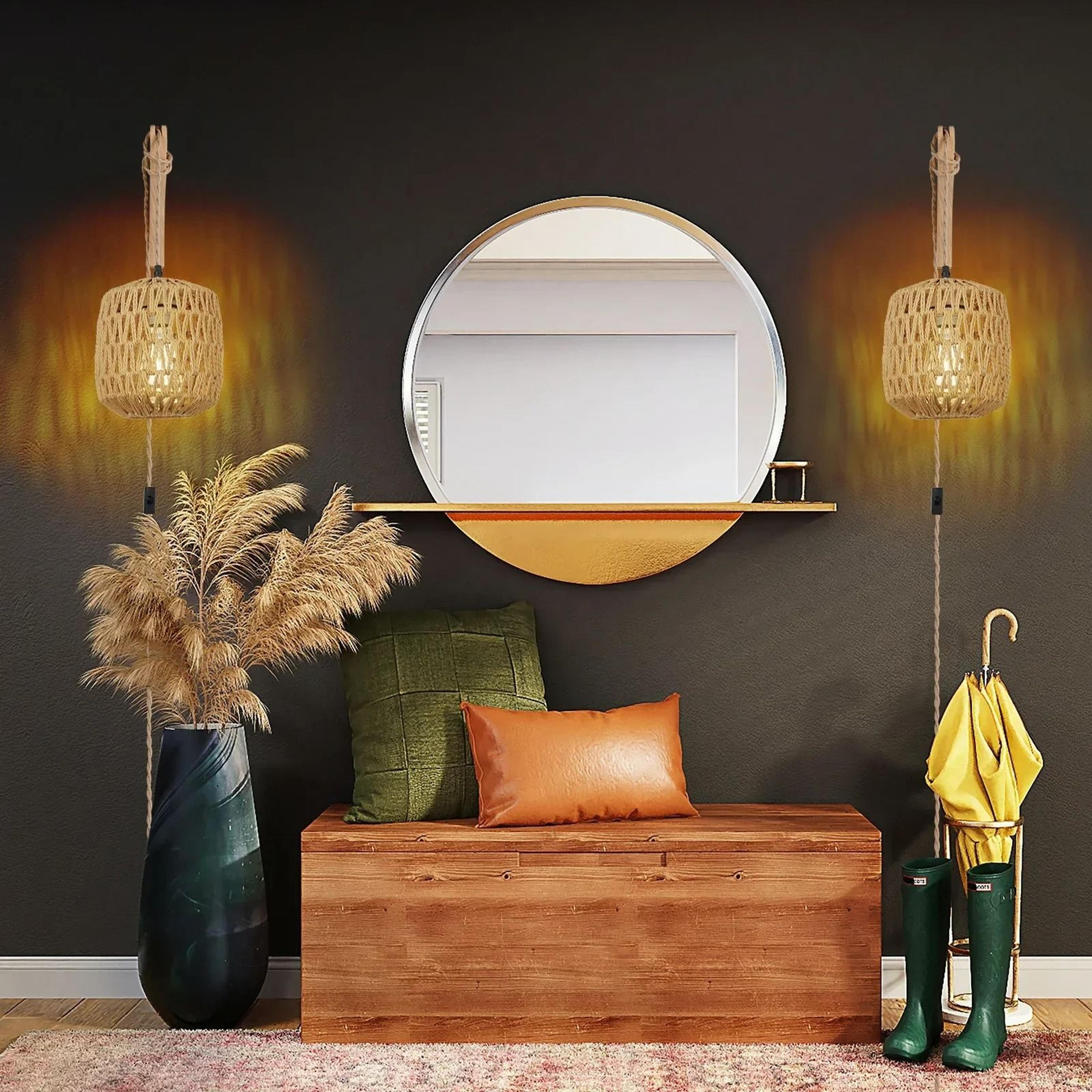 Boho Rattan Woven Wall Sconce  Retro Hemp Rope E27 Bedside Light Fixture 2