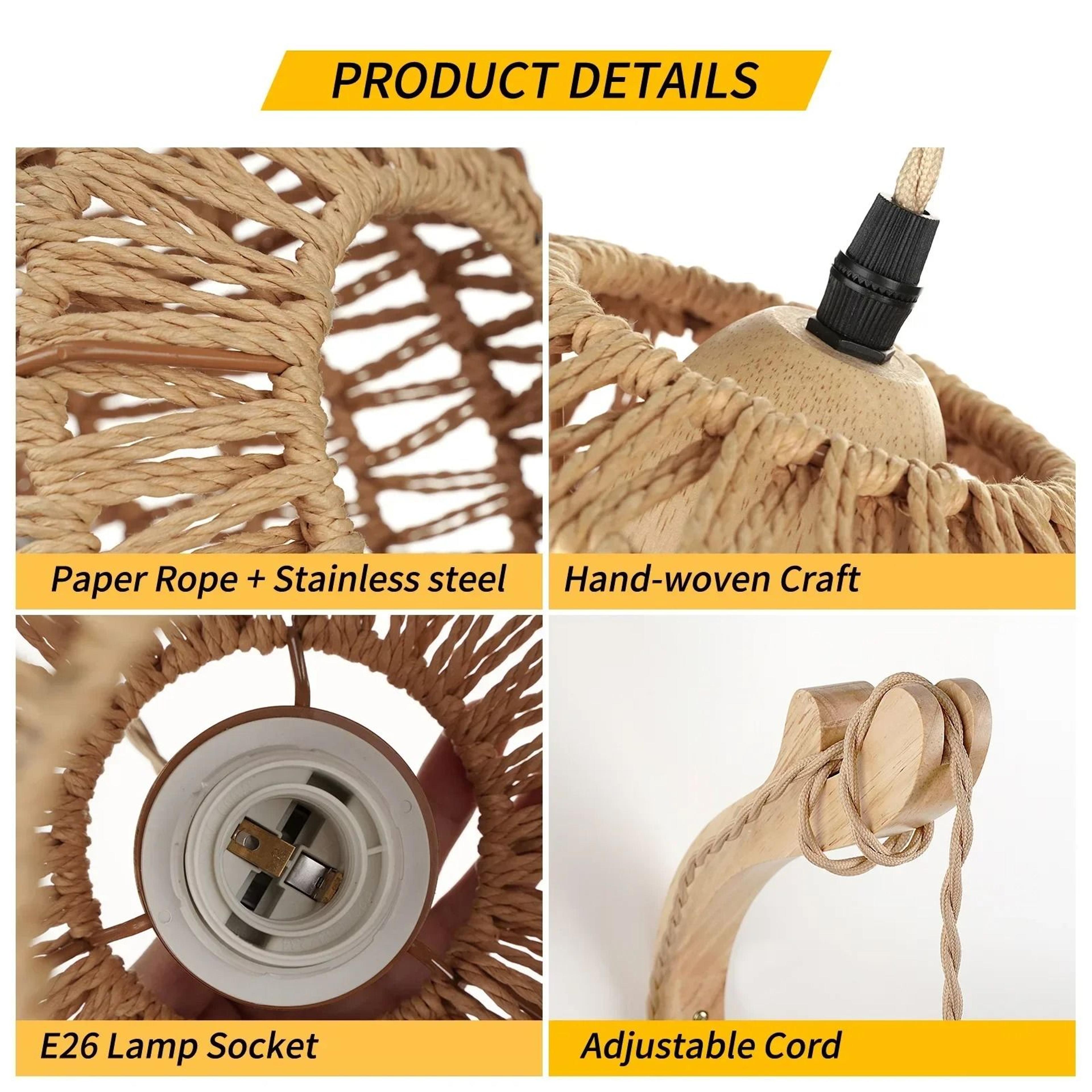 Boho Rattan Woven Wall Sconce  Retro Hemp Rope E27 Bedside Light Fixture 4