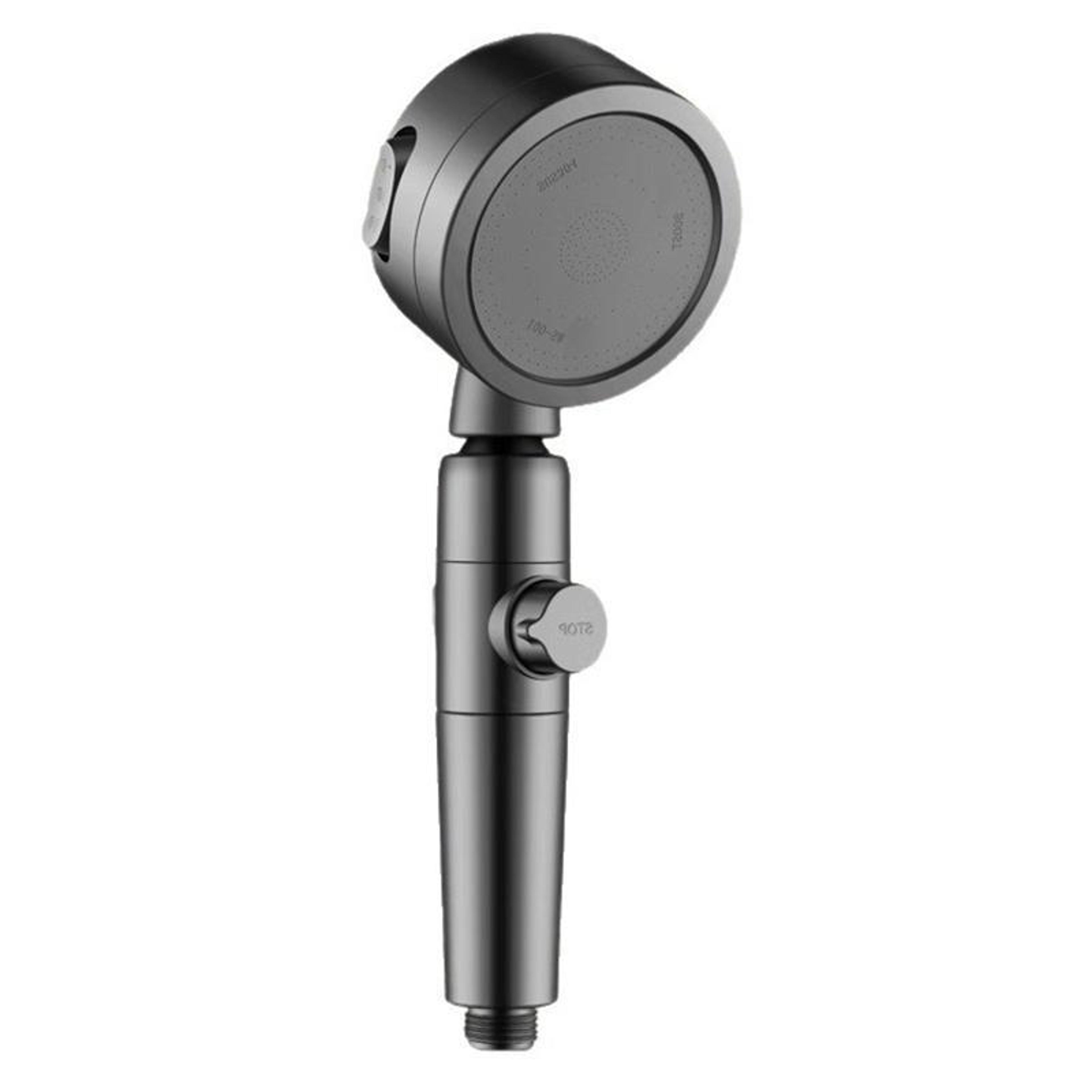 three setting adjustable pressurized water saving shower head with stop button  titanium gray