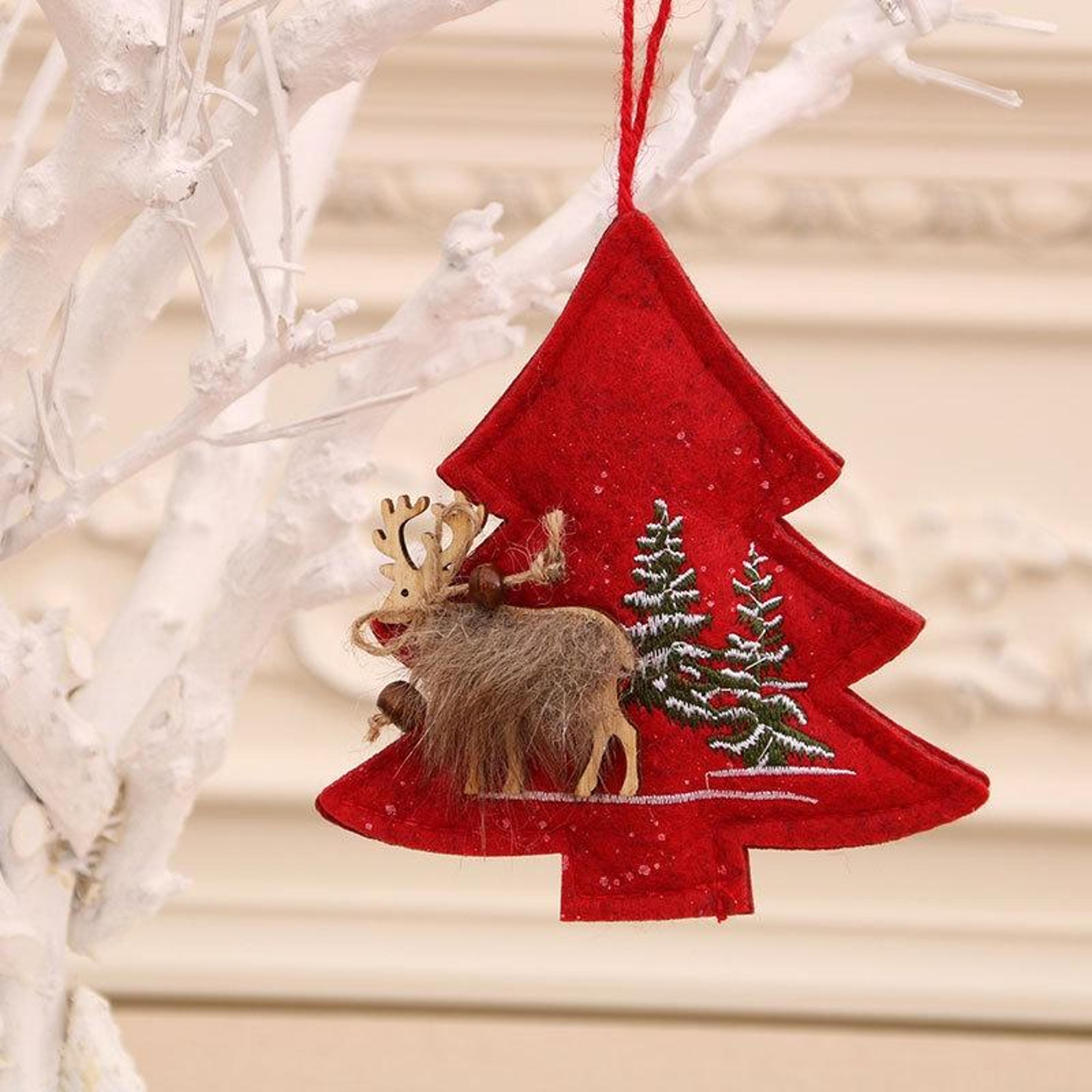 festive red wooden cloth embroidery christmas tree hanging ornament