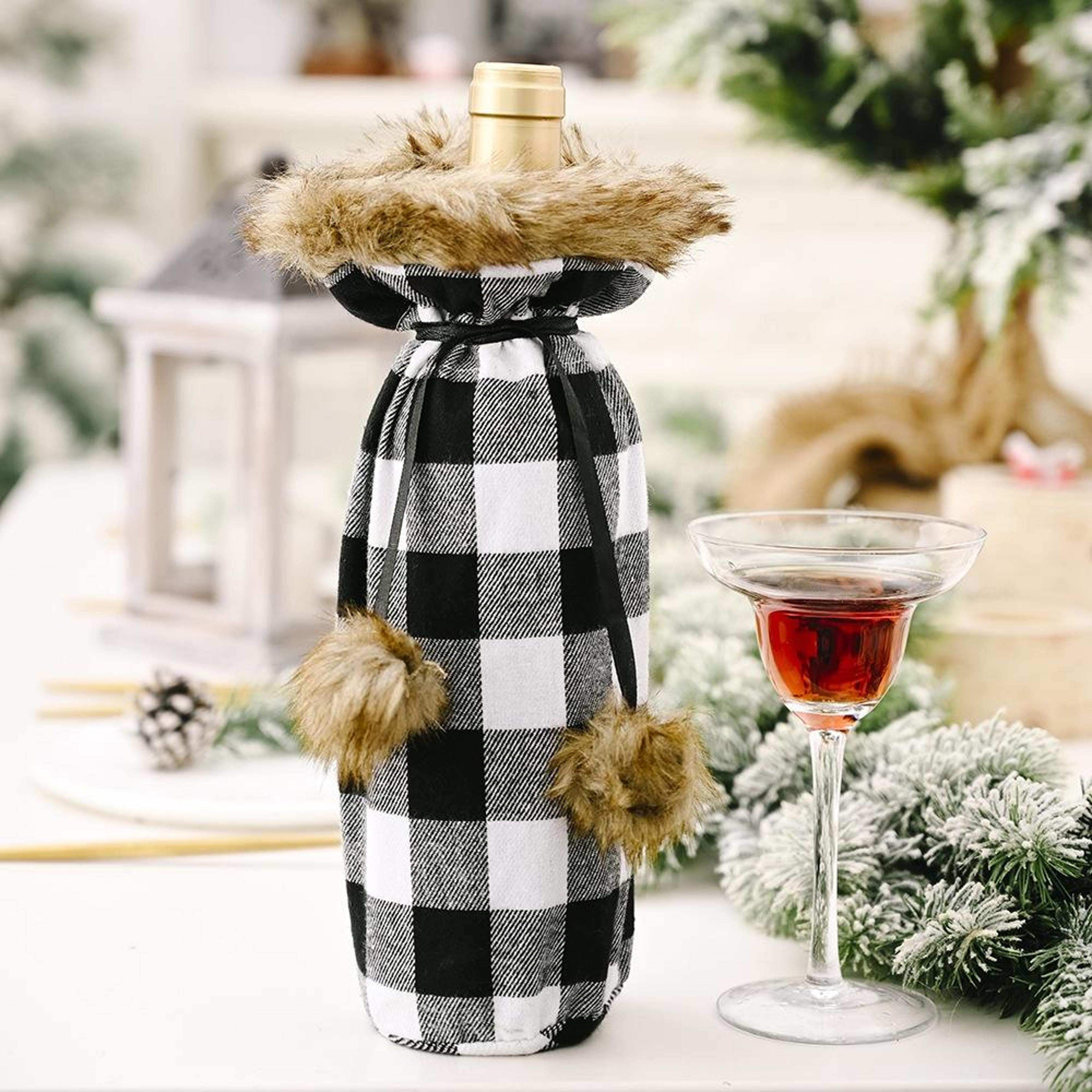 black & white christmas wine bottle cover bag with pom poms holiday table decoration