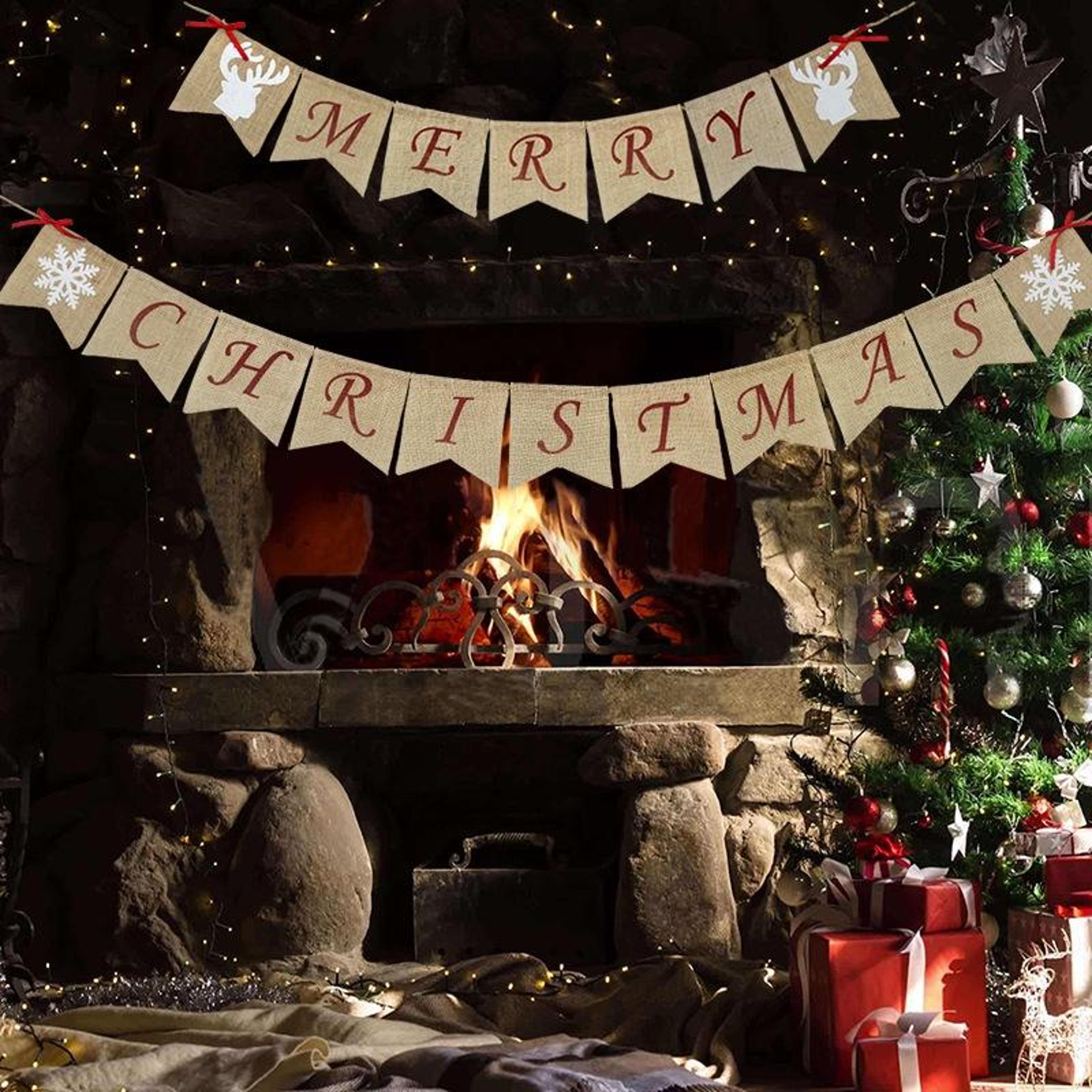 christmas party decoration set with banner, spiral hanging tags & cake topper decor