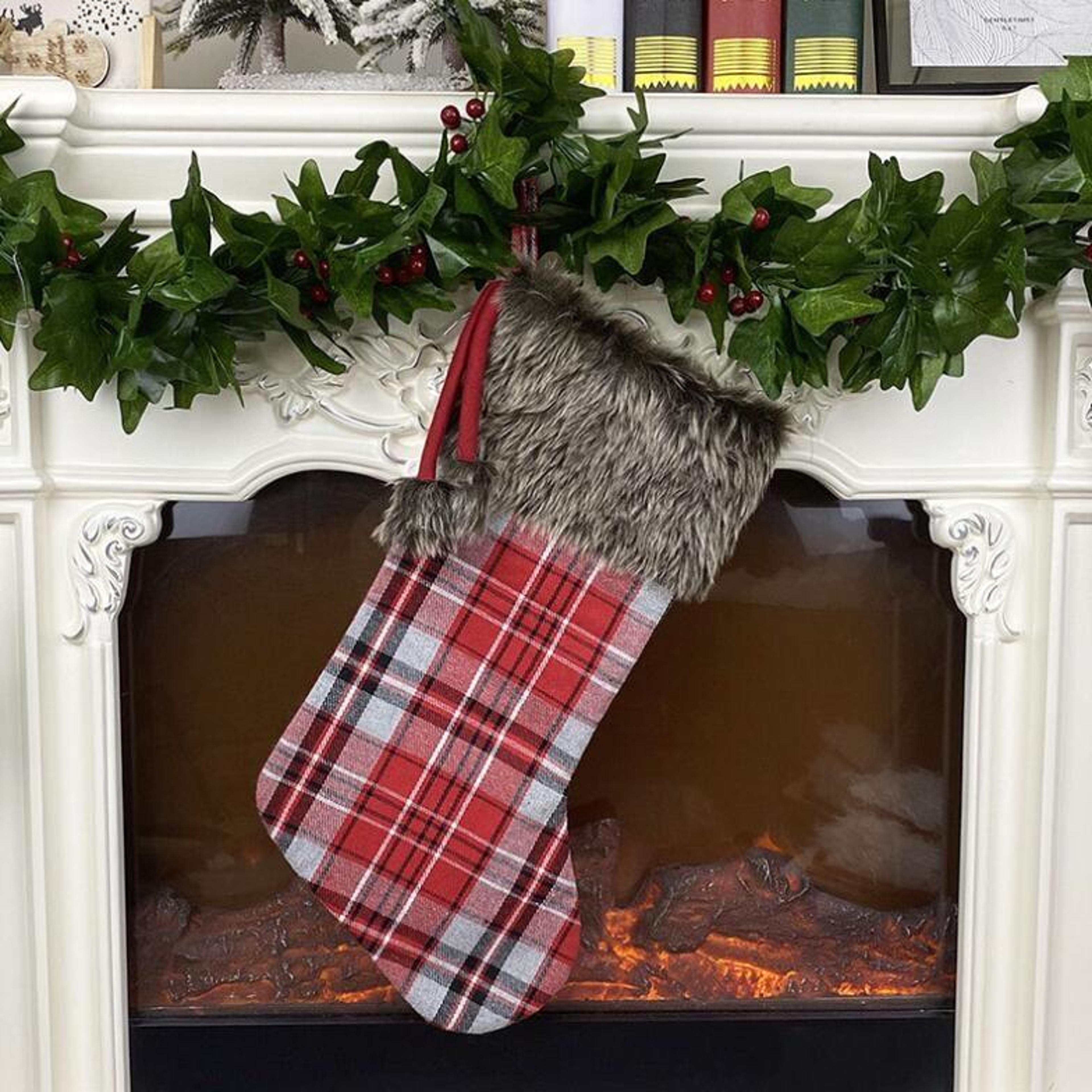 Plaid Christmas Stocking Gift Bag Ornament Decorative Tree Hanging Pouch 3