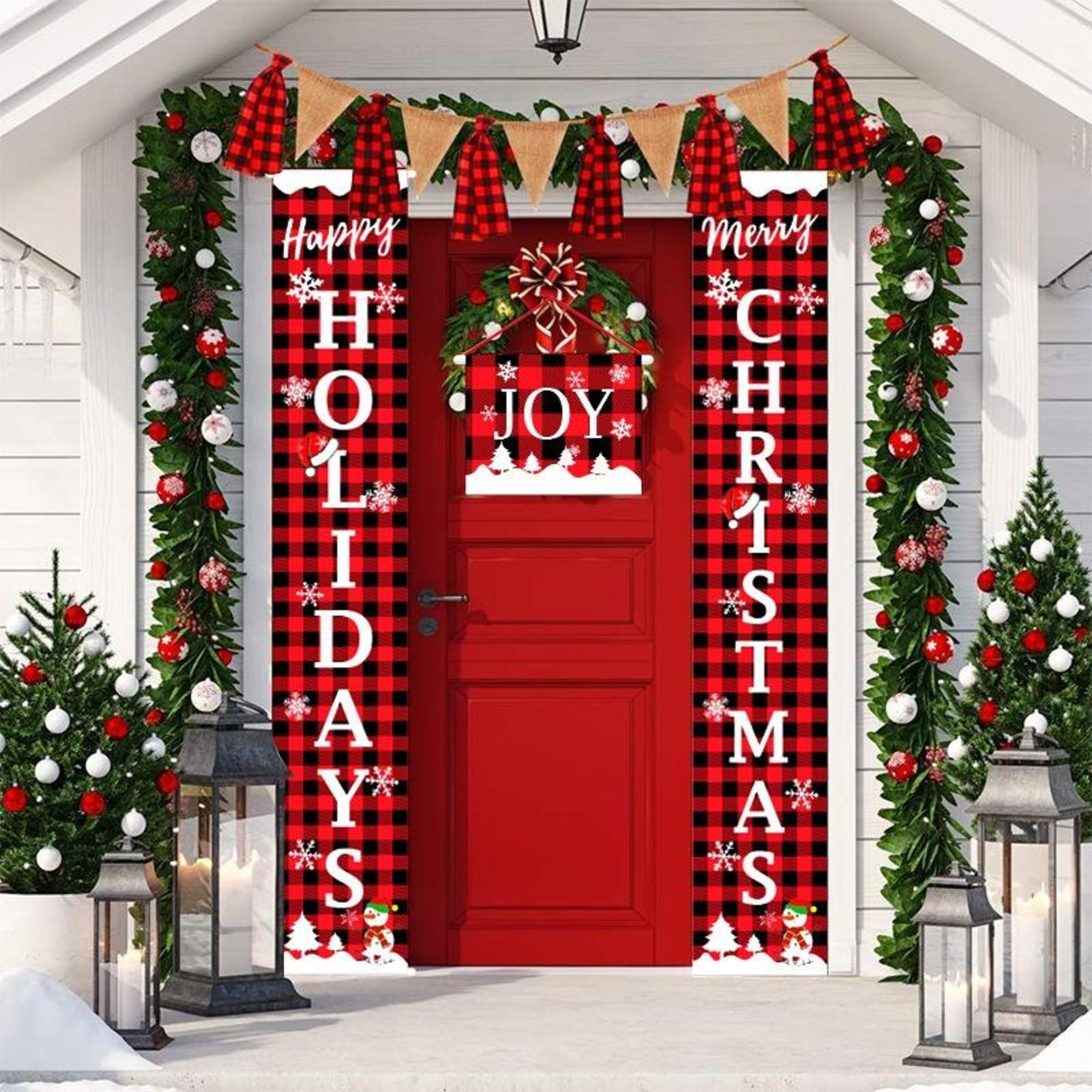 red & black buffalo plaid christmas door curtain hanging decor set