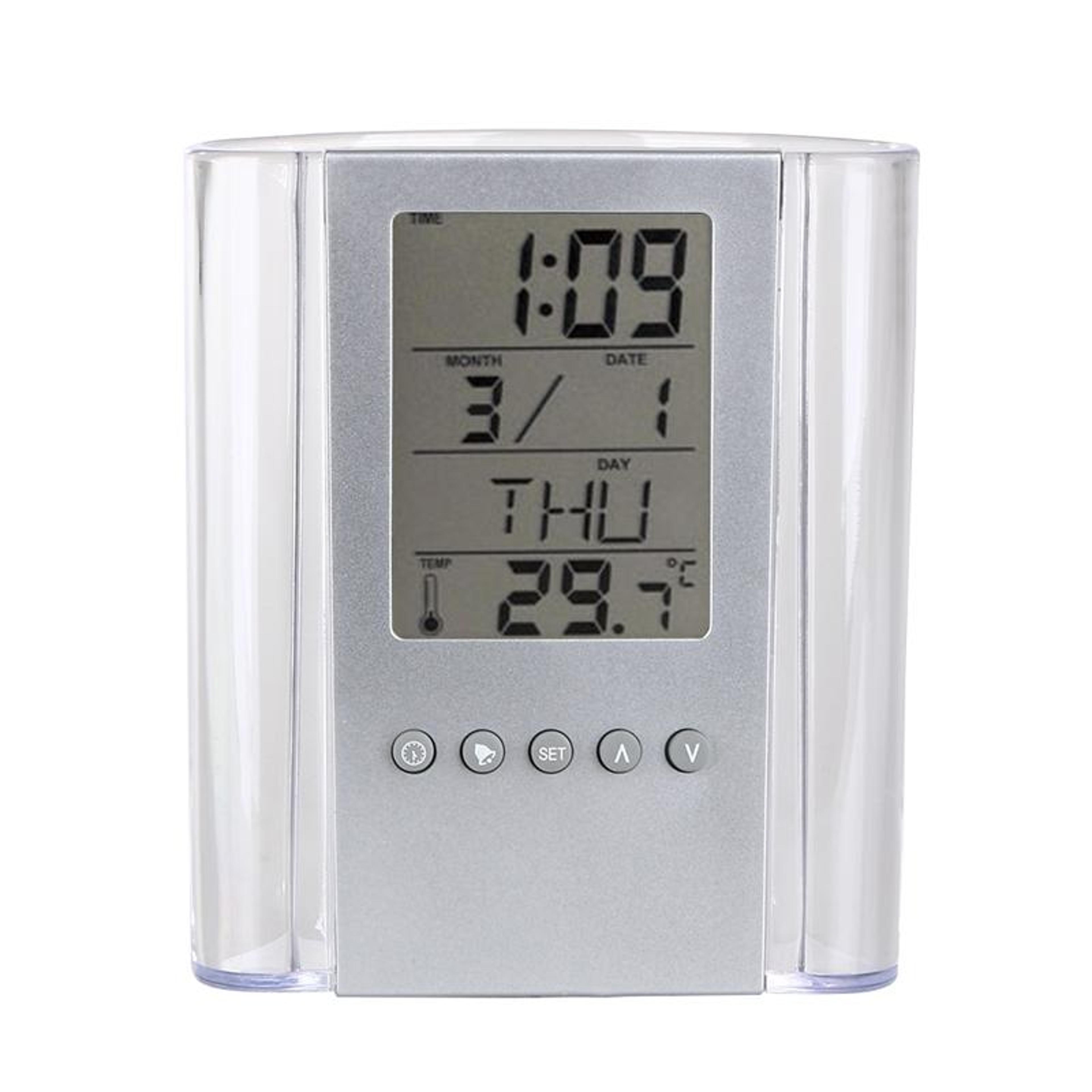 transparent smart desk organizer clock with calendar, alarm & temperature display