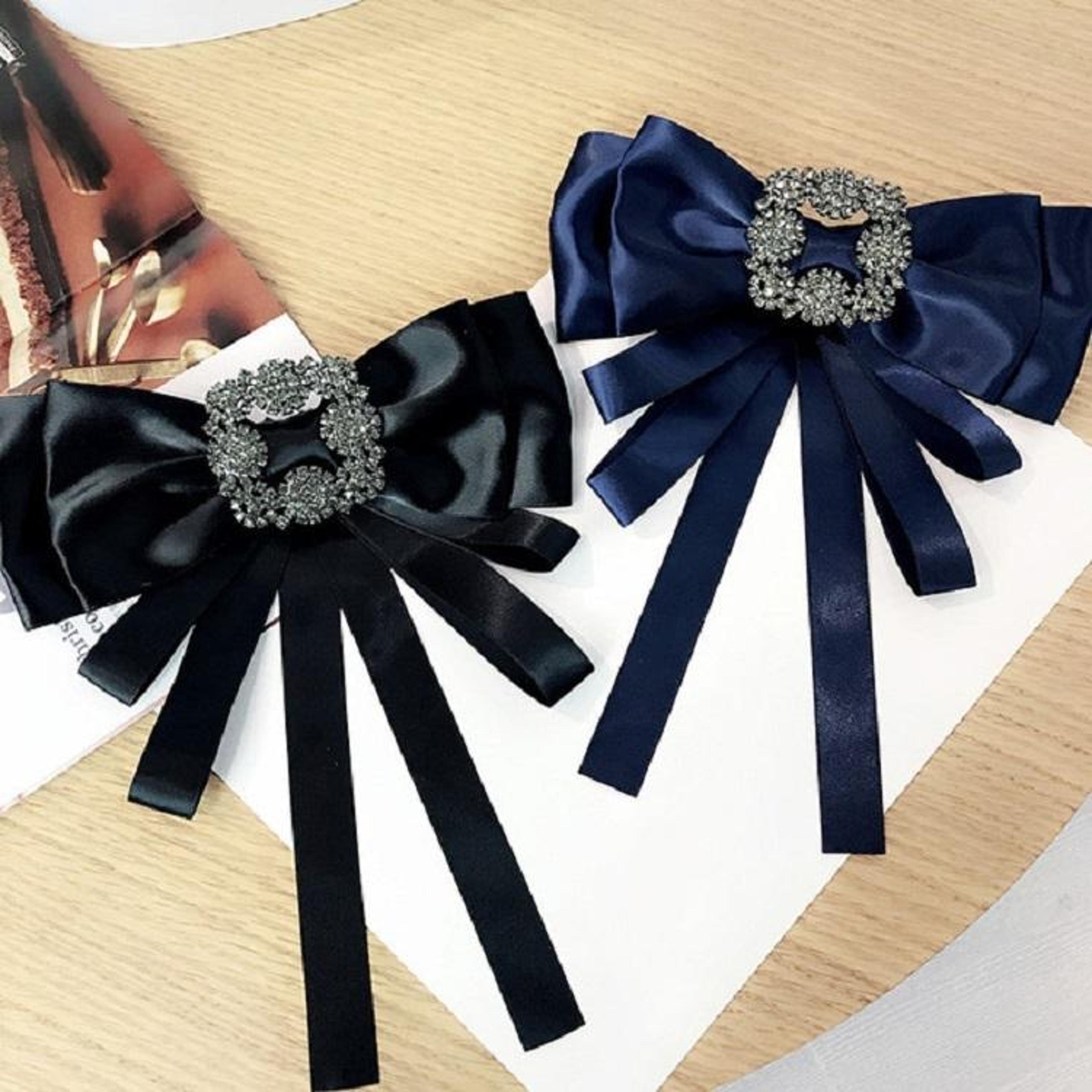 Vintage Satin Bow Brooch With Rhinestones Elegant Womens Dress  Lapel Pin 3