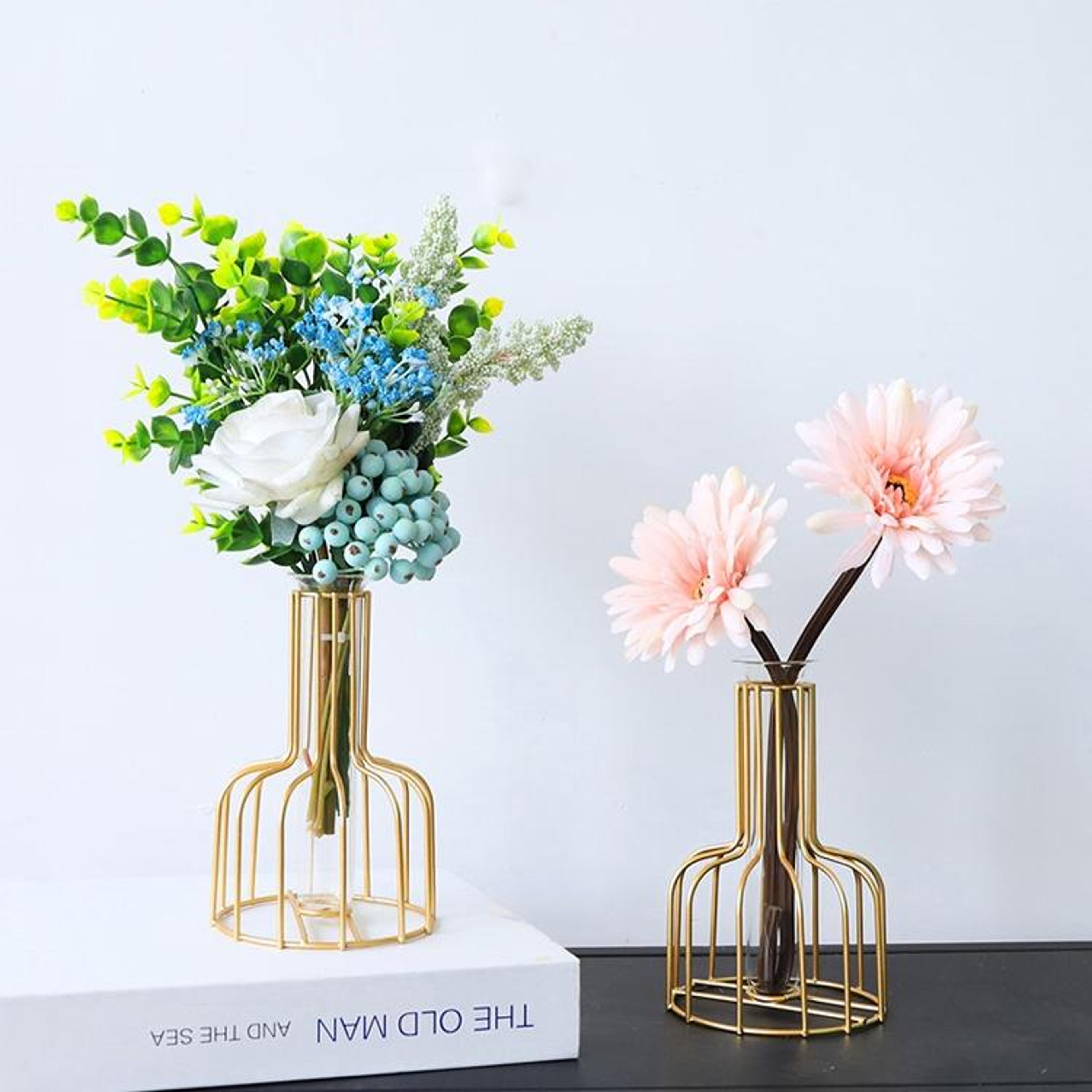 Modern Hydroponic Vase With Glass Flower Tube And Wrought Iron Stand For Home Decor 4