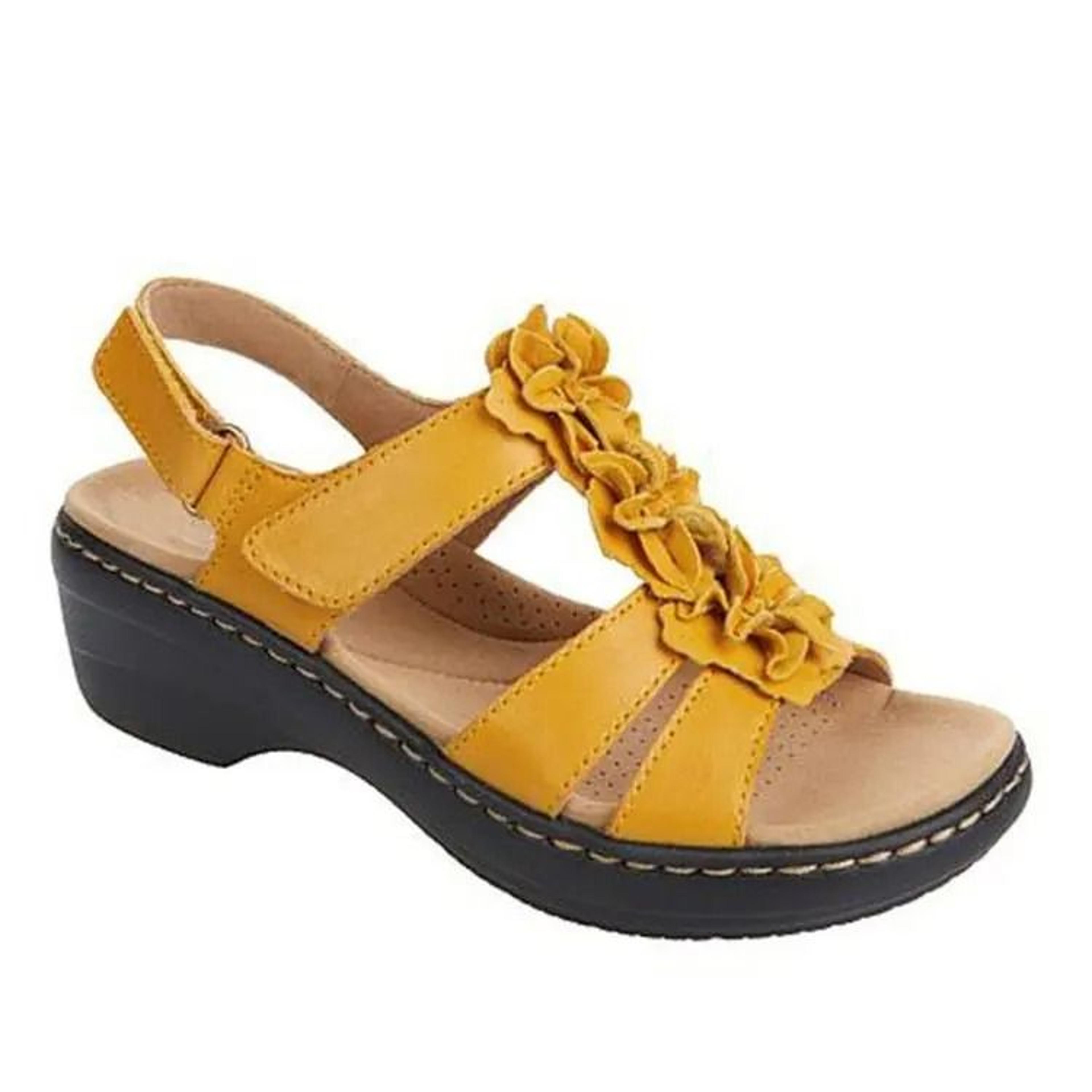 womens summer wedge sandals with flower detail and orthopedic sole