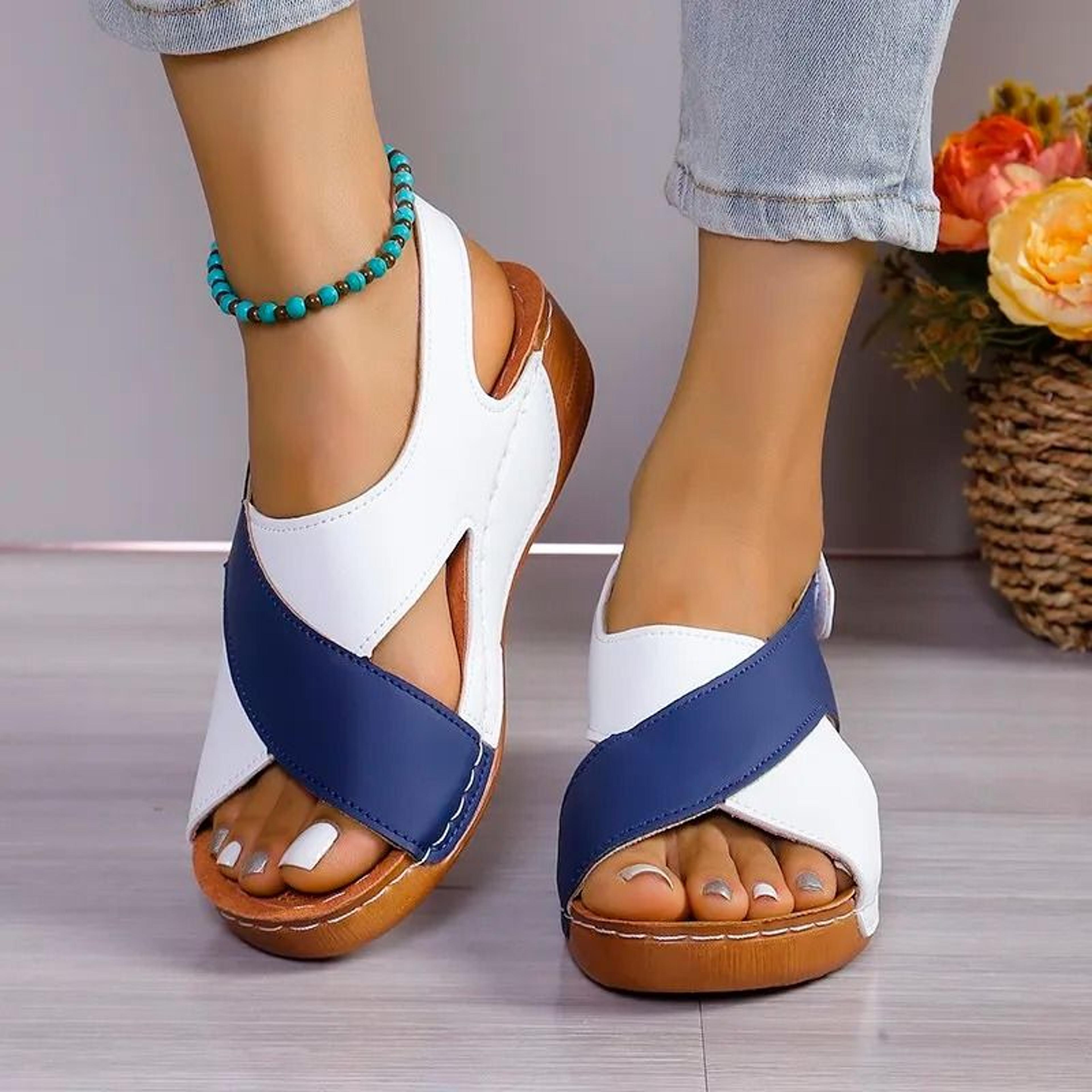 Women Contrast Color Peep Toe Platform Wedge Sandals Non Slip Summer Comfort Shoes 4