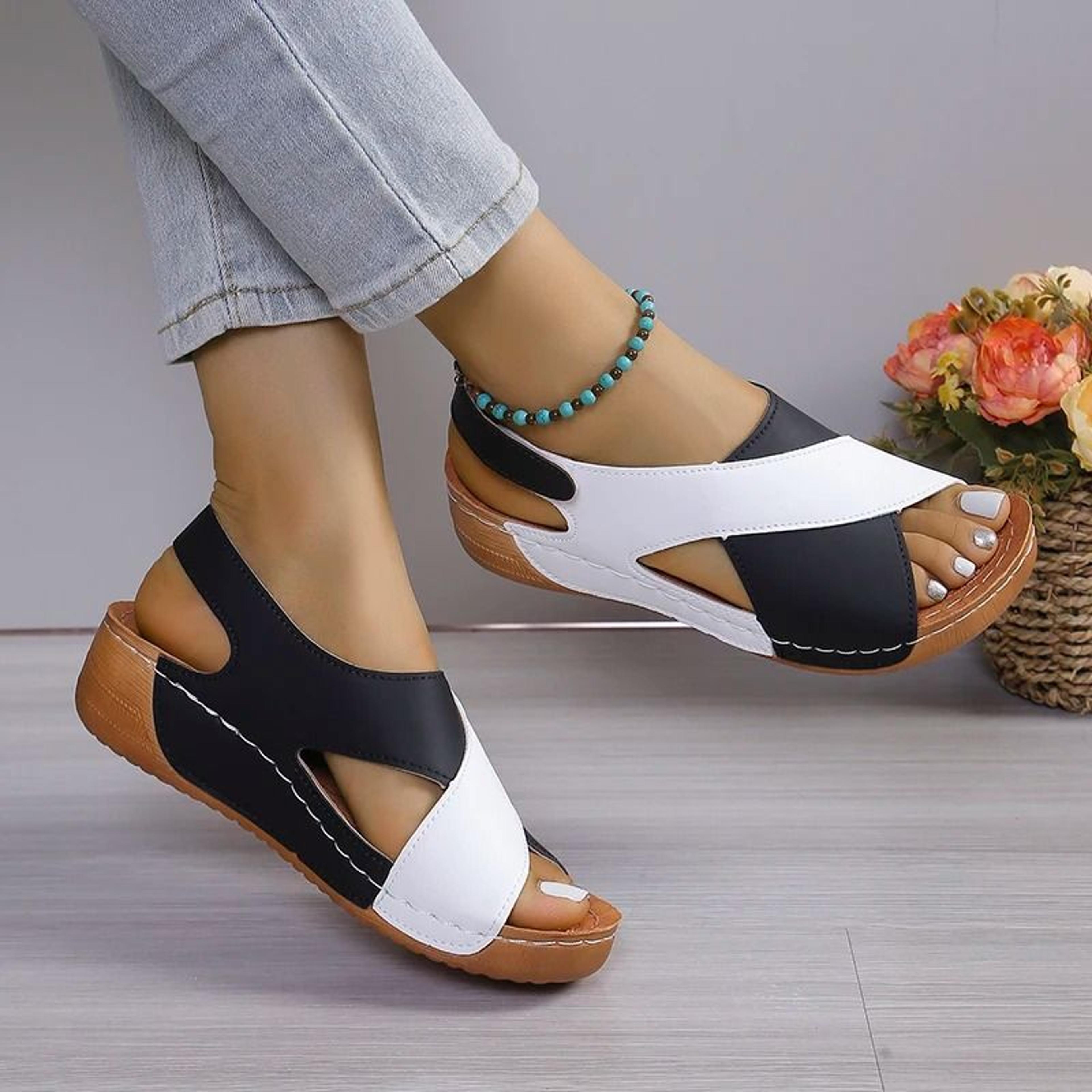 Women Contrast Color Peep Toe Platform Wedge Sandals Non Slip Summer Comfort Shoes 7