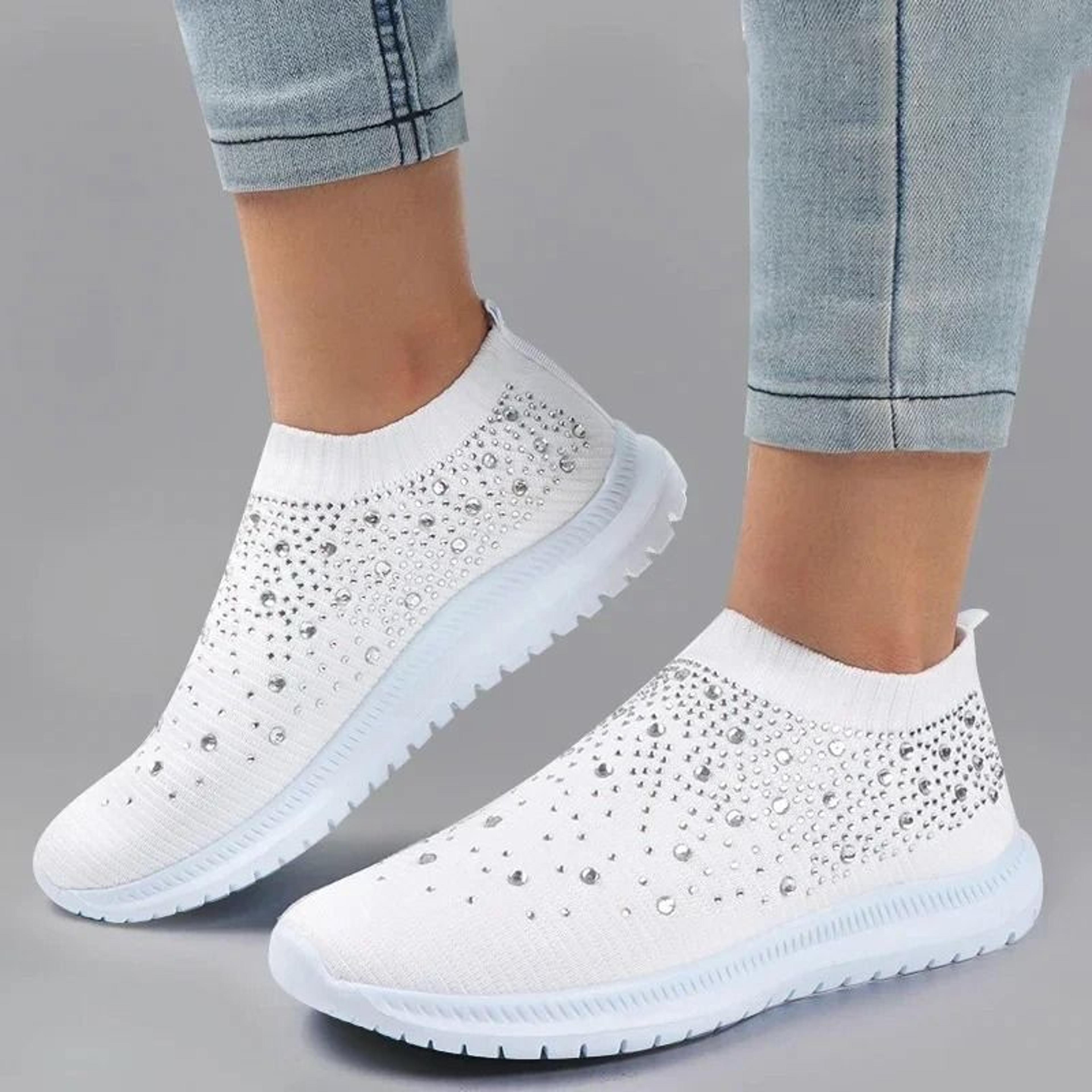 Women Breathable Mesh Crystal Flats Plus Size Soft Sole Sports Shoes 12