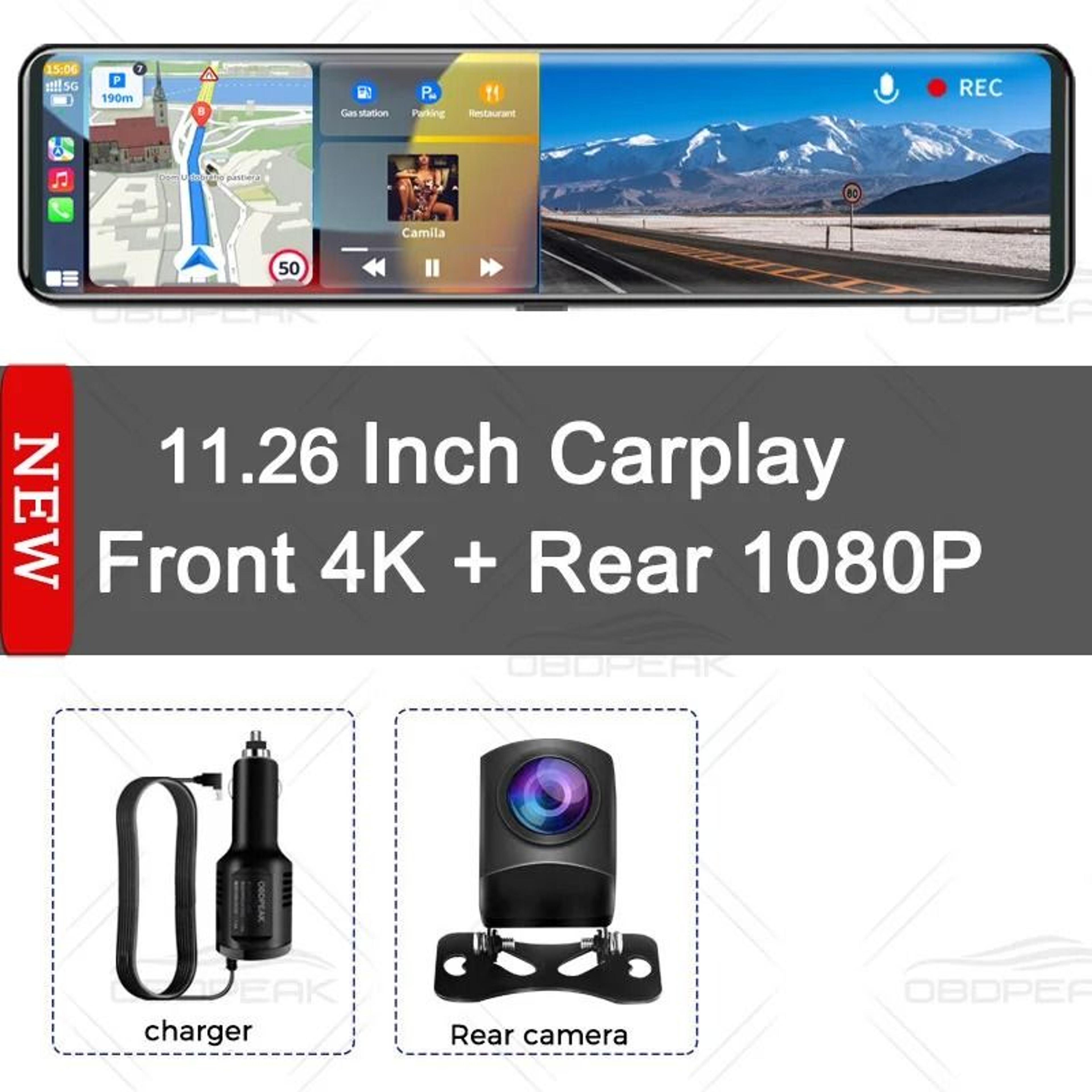 Premium 4K Smart Mirror Dash Cam With CarPlay Android Auto Dual Lens GPS Navigation 5