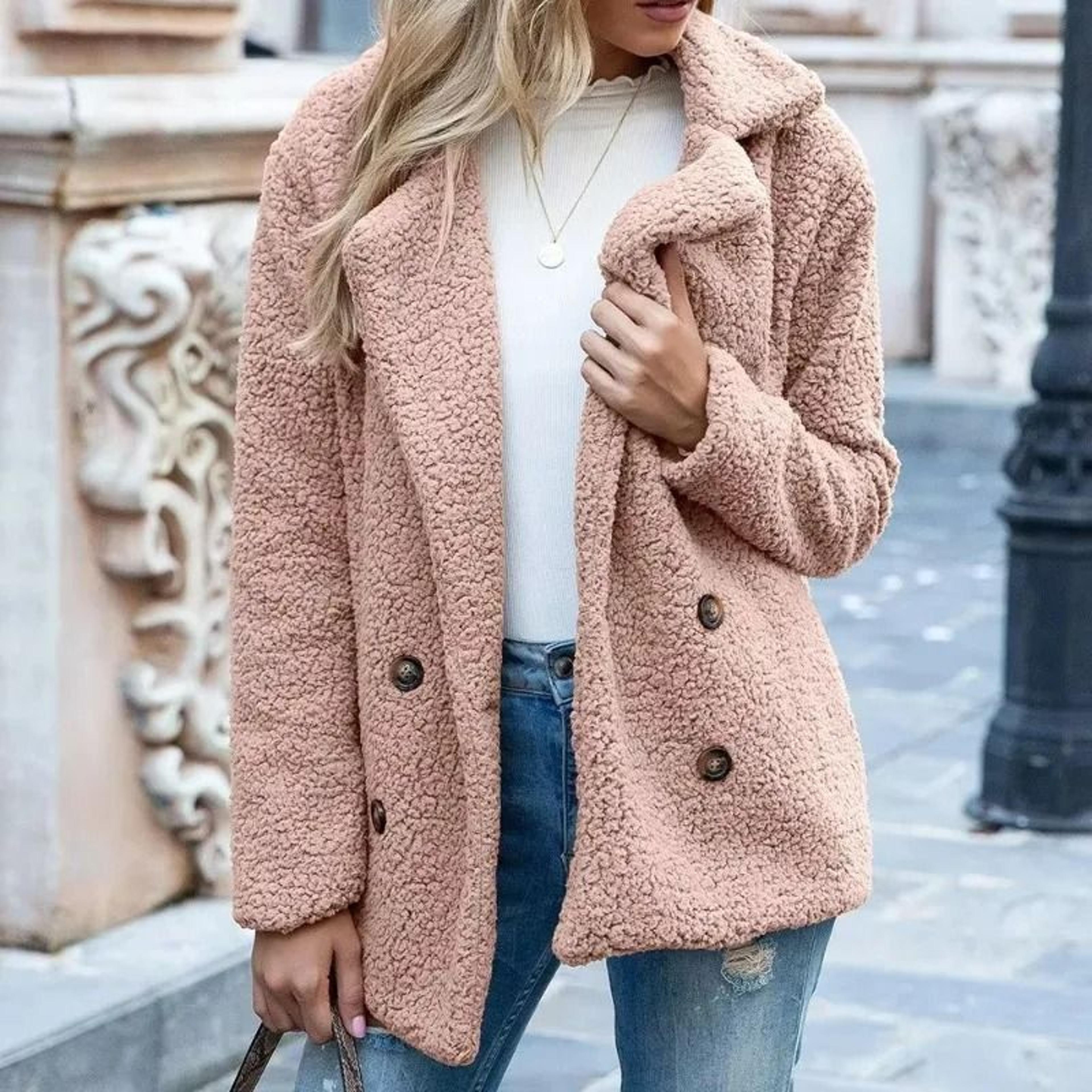Womens Oversized Faux Fleece Coat With Lapel In Streetwear Style 1