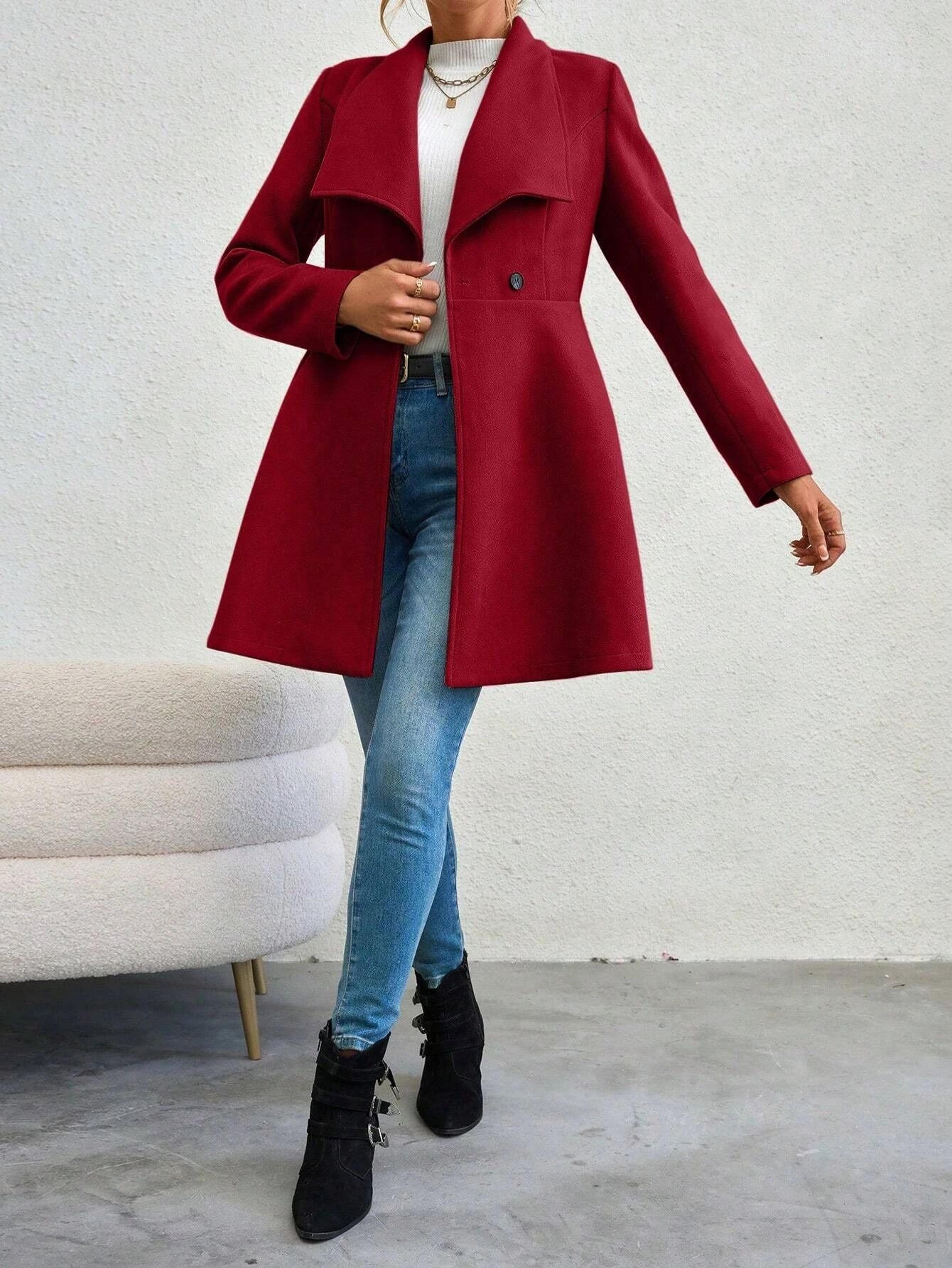Womens Winter Lapel Coat Long Sleeve Solid Color Button Up Outerwear 3