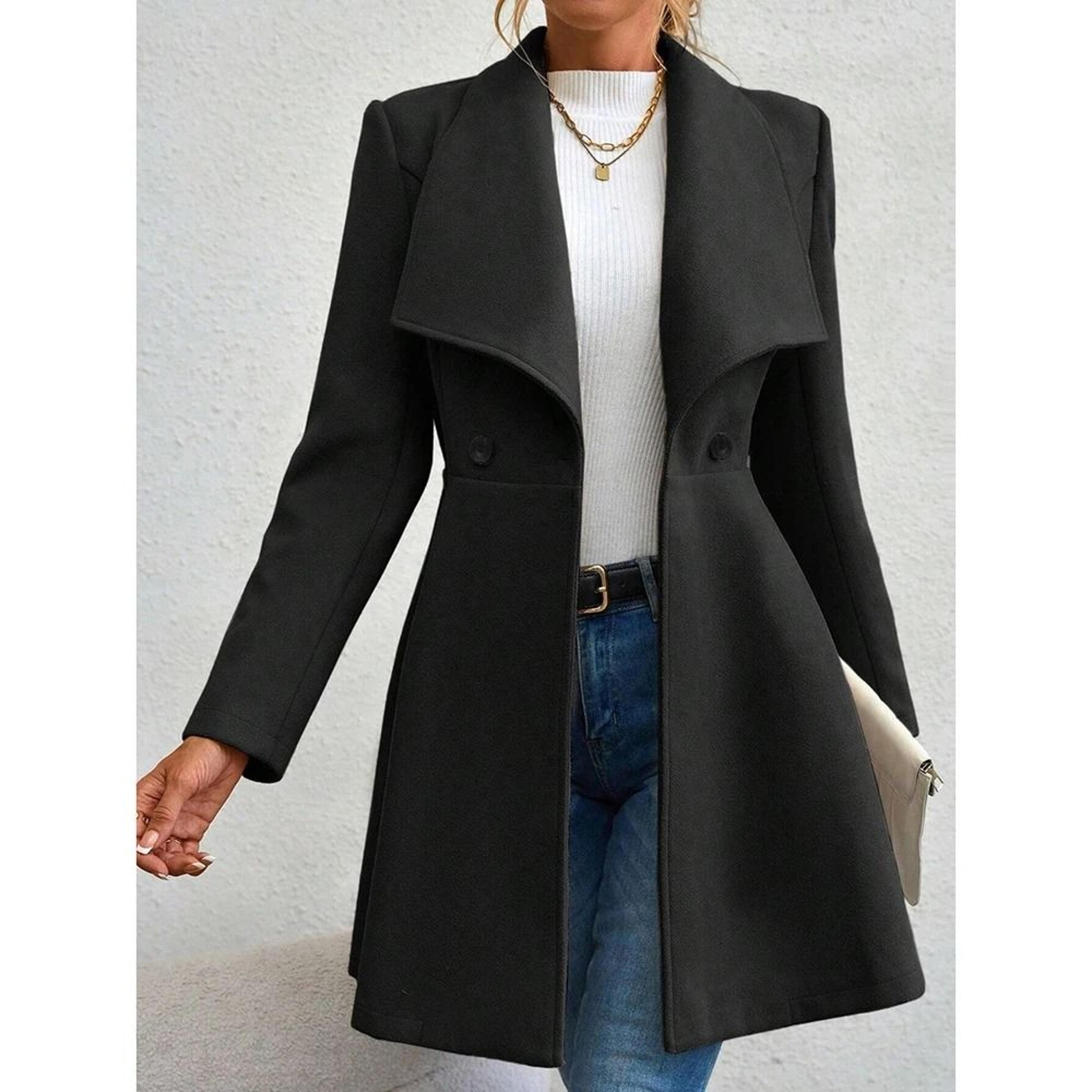 Womens Winter Lapel Coat Long Sleeve Solid Color Button Up Outerwear 6
