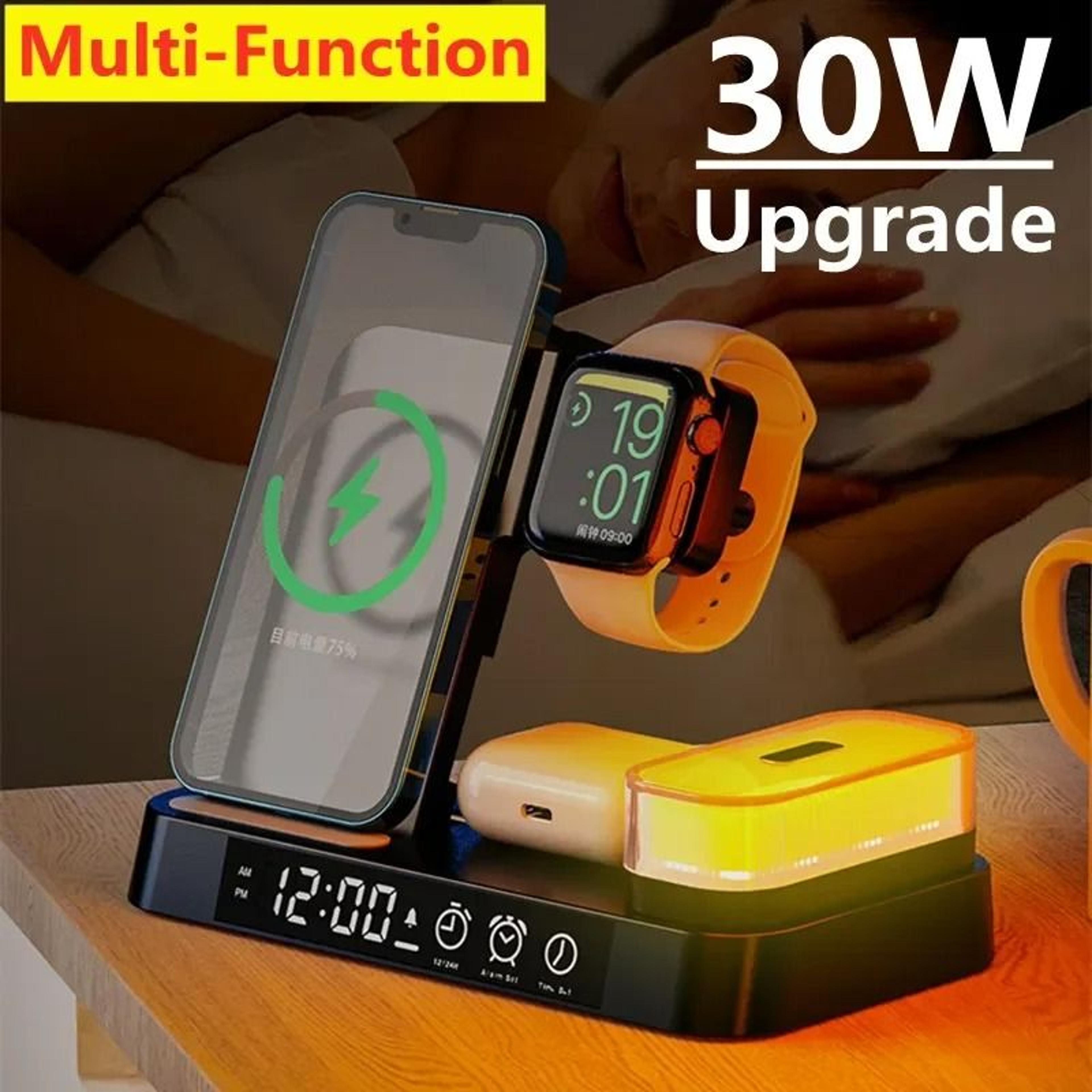 30W 3in1 Wireless Charging Stand Alarm Clock Night Light Station 0