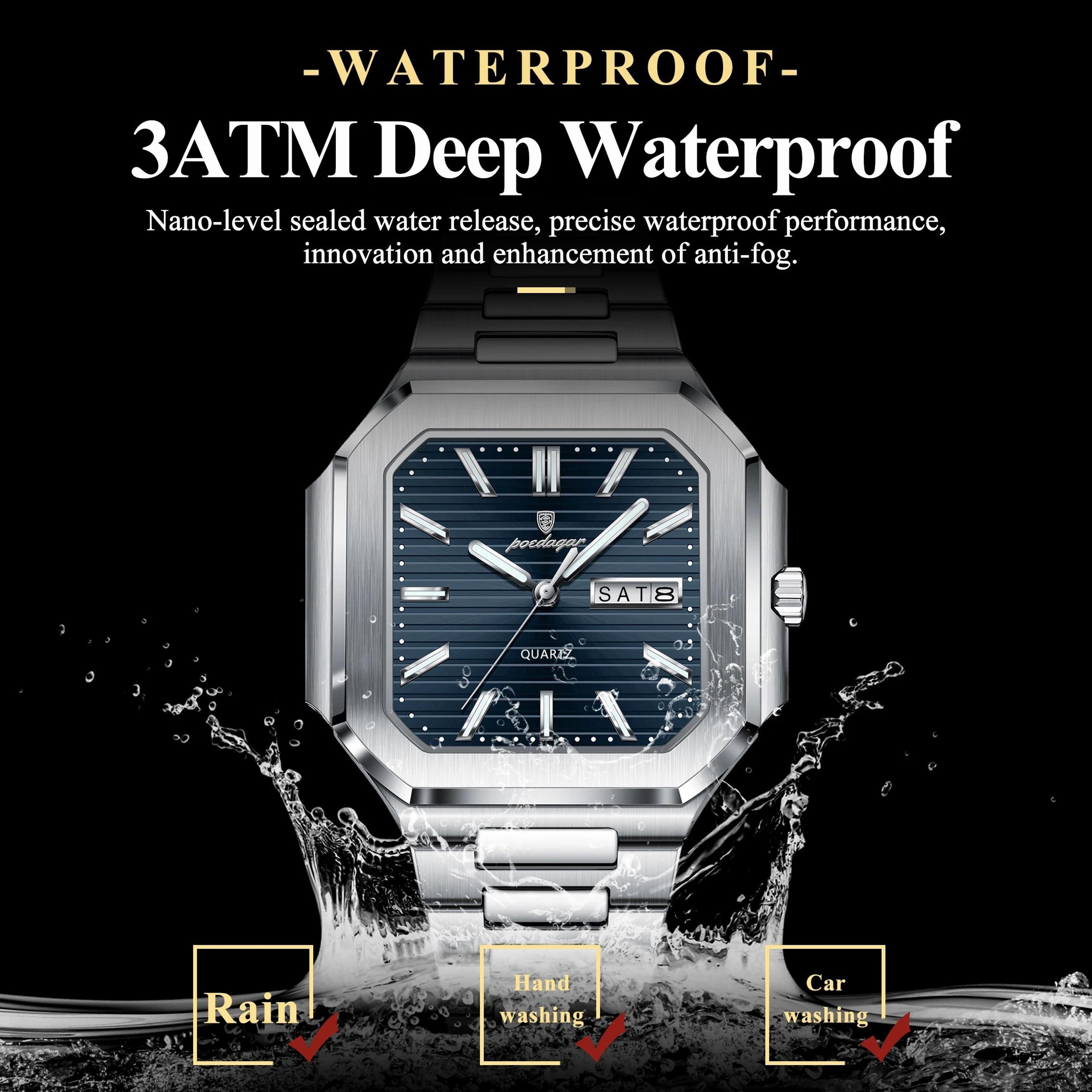 Square Quartz Mens Watch With Luminous Display And Date Week Function 1