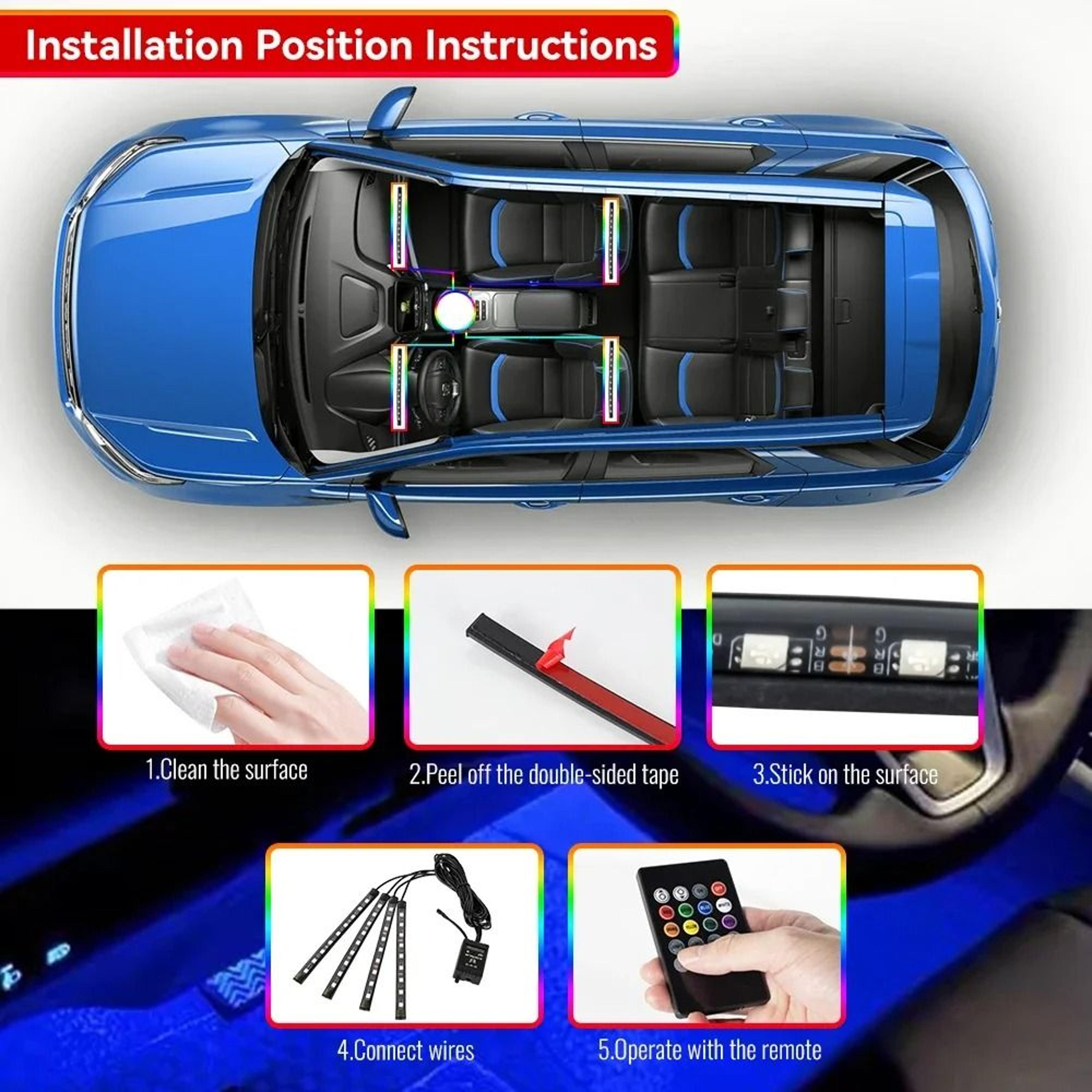 LED Car Interior Ambient Light Kit With Music And Remote Control 6