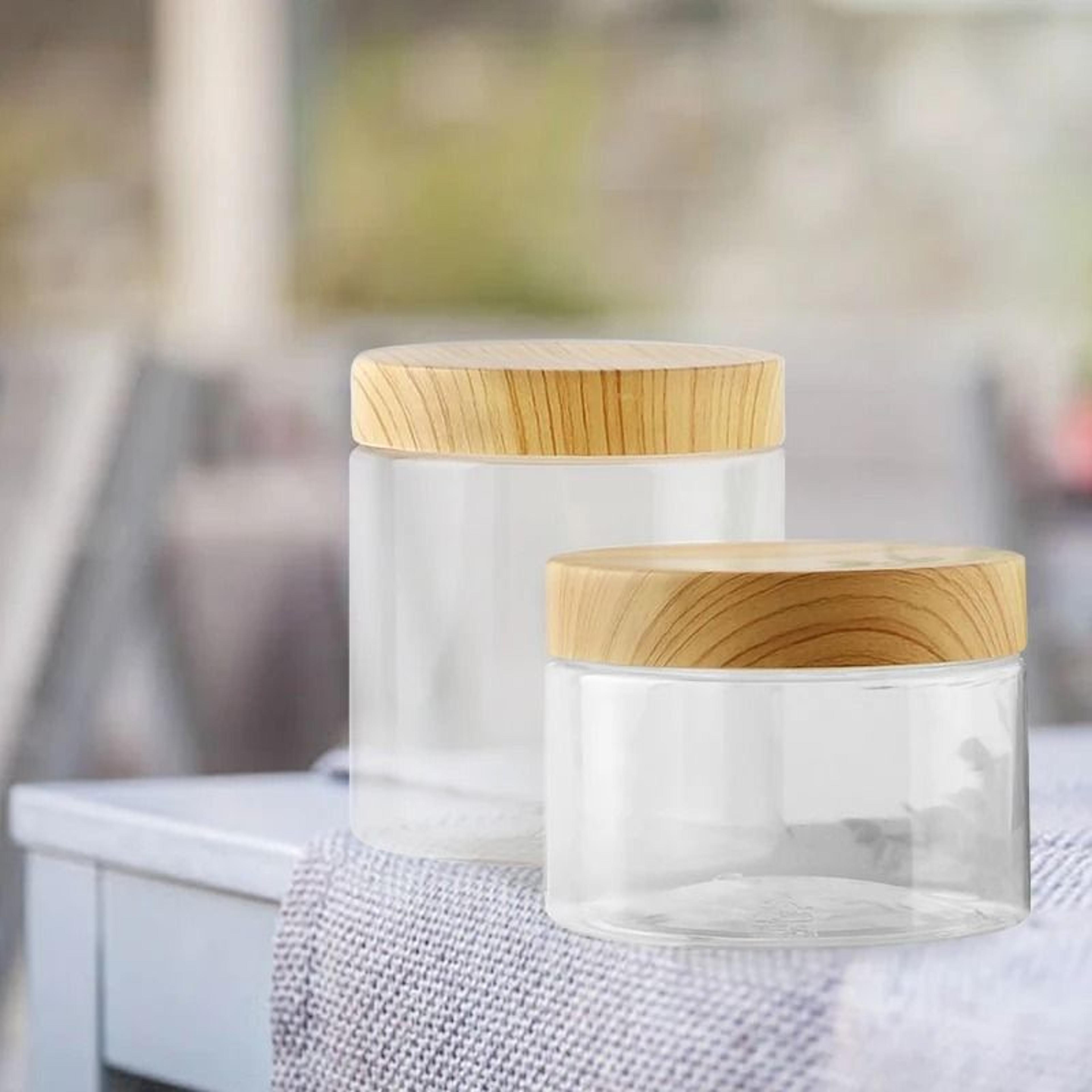 Clear Plastic Storage Jars With Wood Style Lids 5