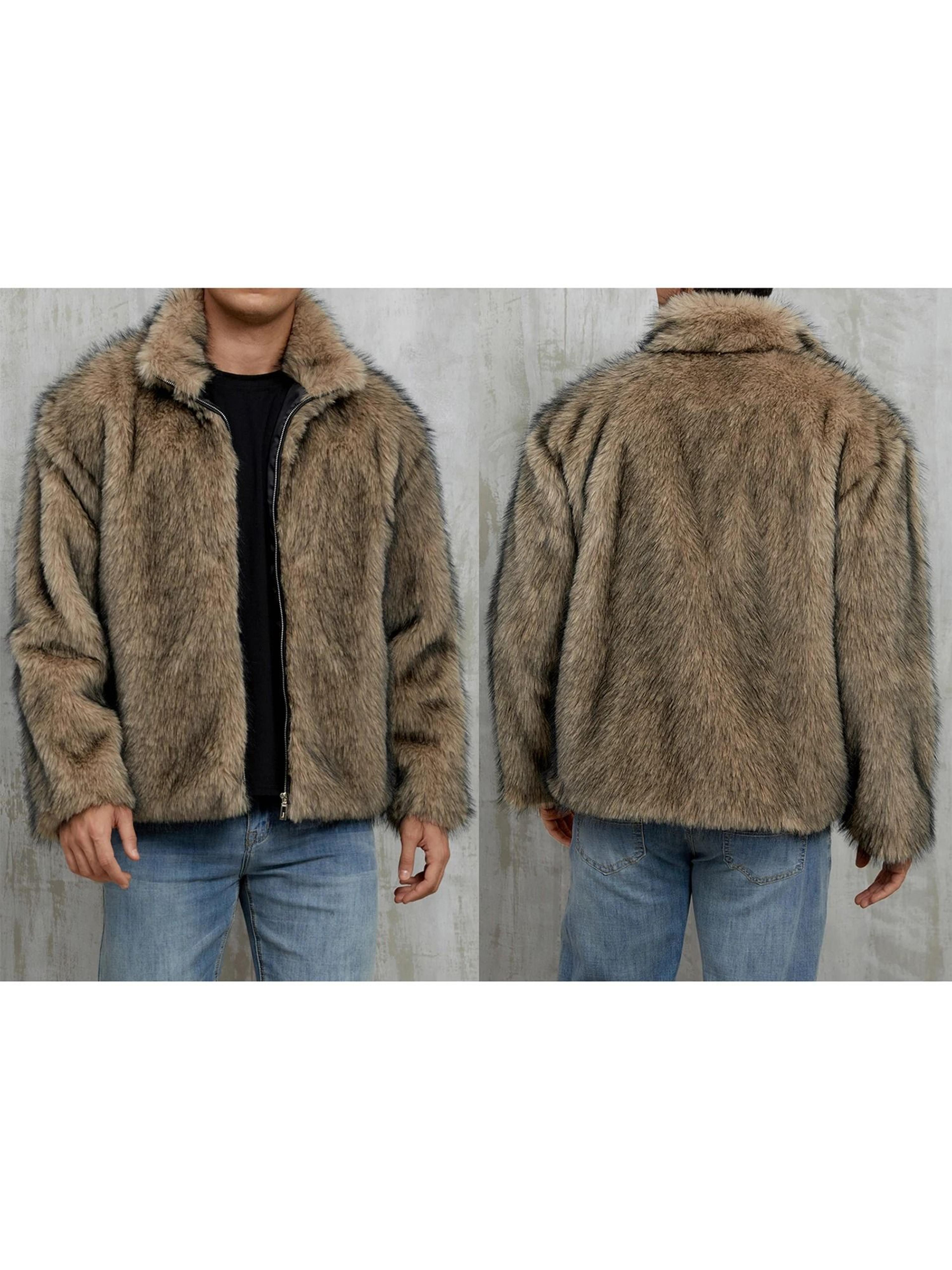 Mens Faux Fur Winter Jacket With Stand Collar And Zip Up Closure 0