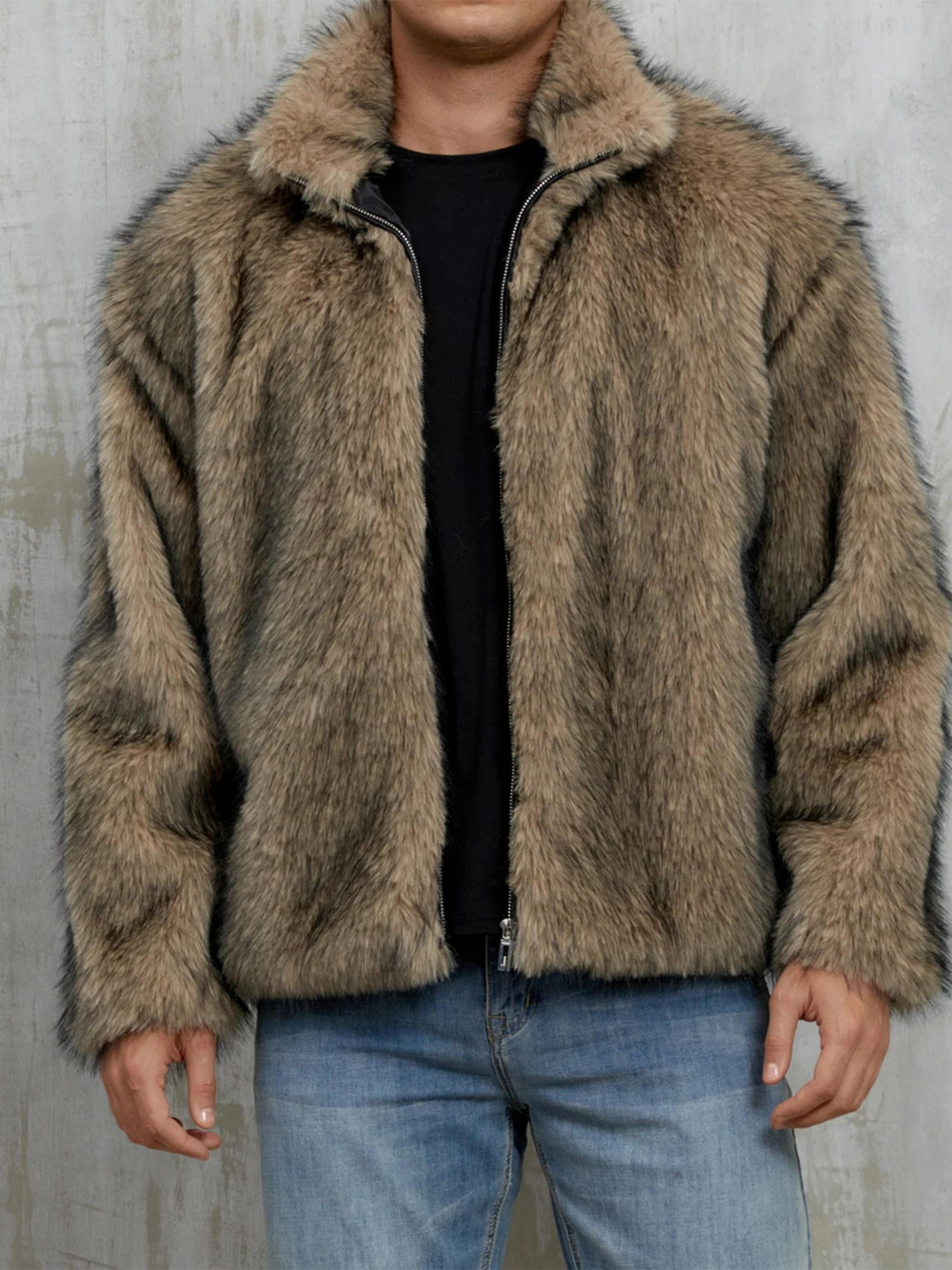 Mens Faux Fur Winter Jacket With Stand Collar And Zip Up Closure 2