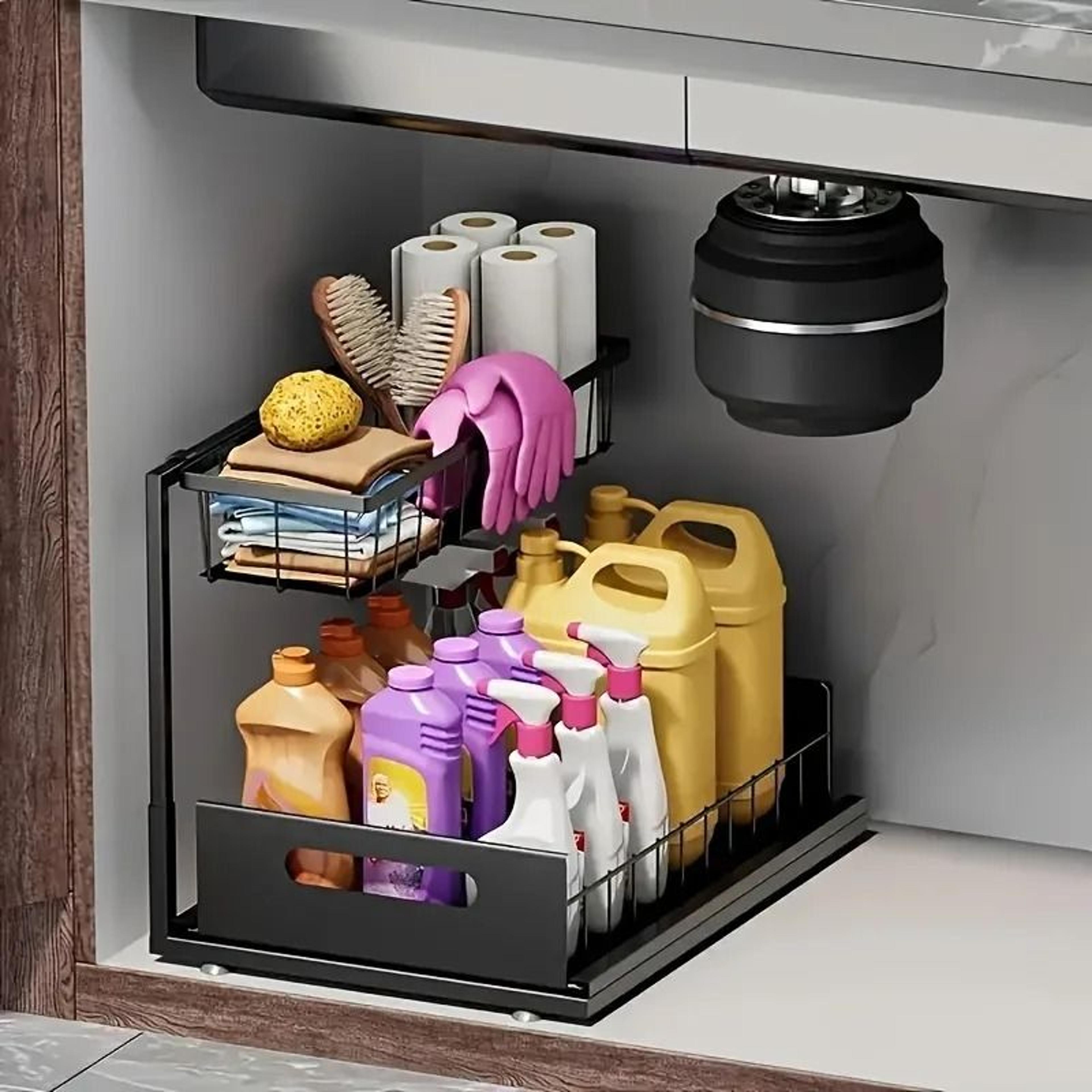 2 tier sliding under sink organizer for kitchen and bathroom storage