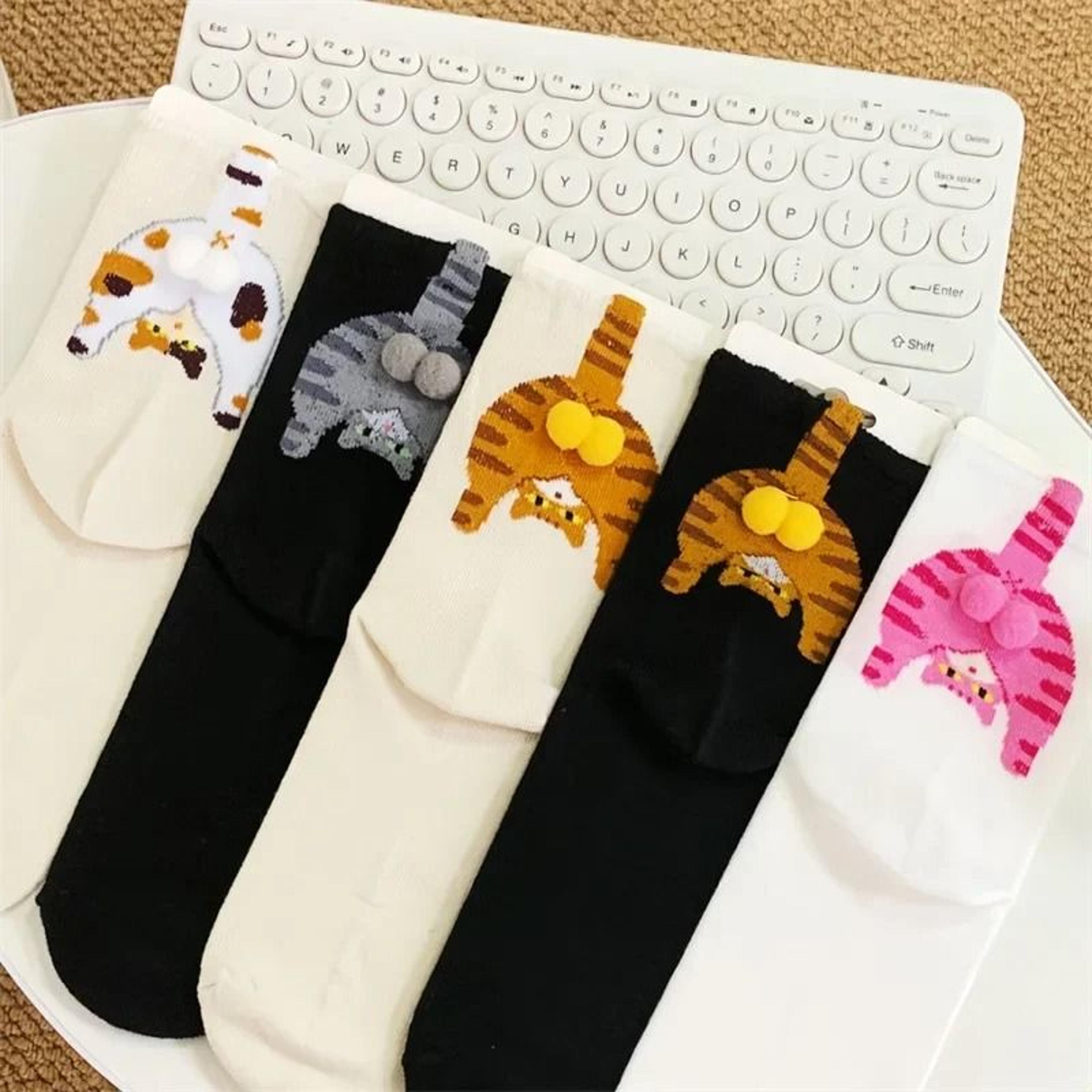 Cartoon Cat Egg Couple Mid Calf Cotton Socks One Size 2