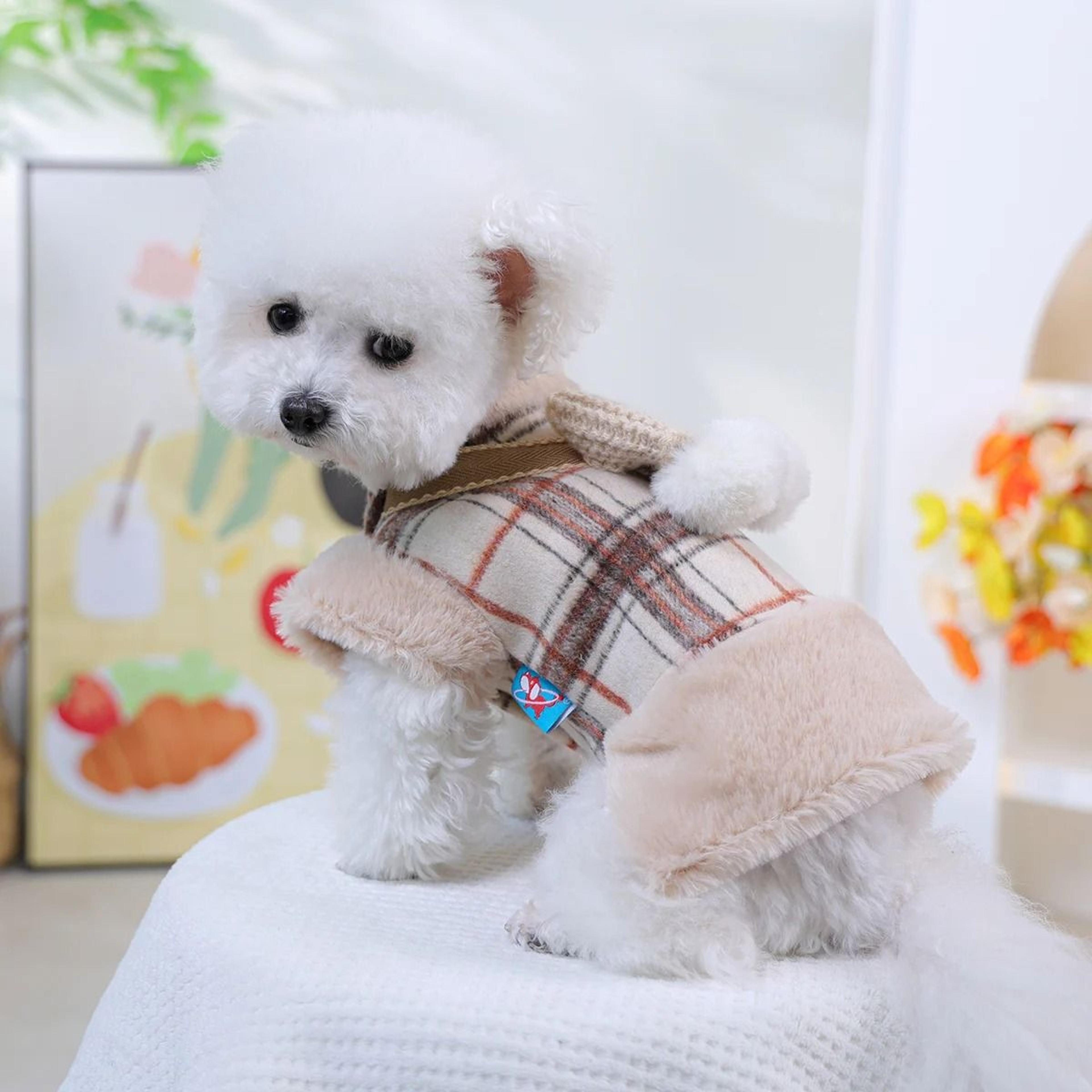 Cozy Coffee Plaid Fleece Pet Vest With Bow For Autumn And Winter Warmth 0