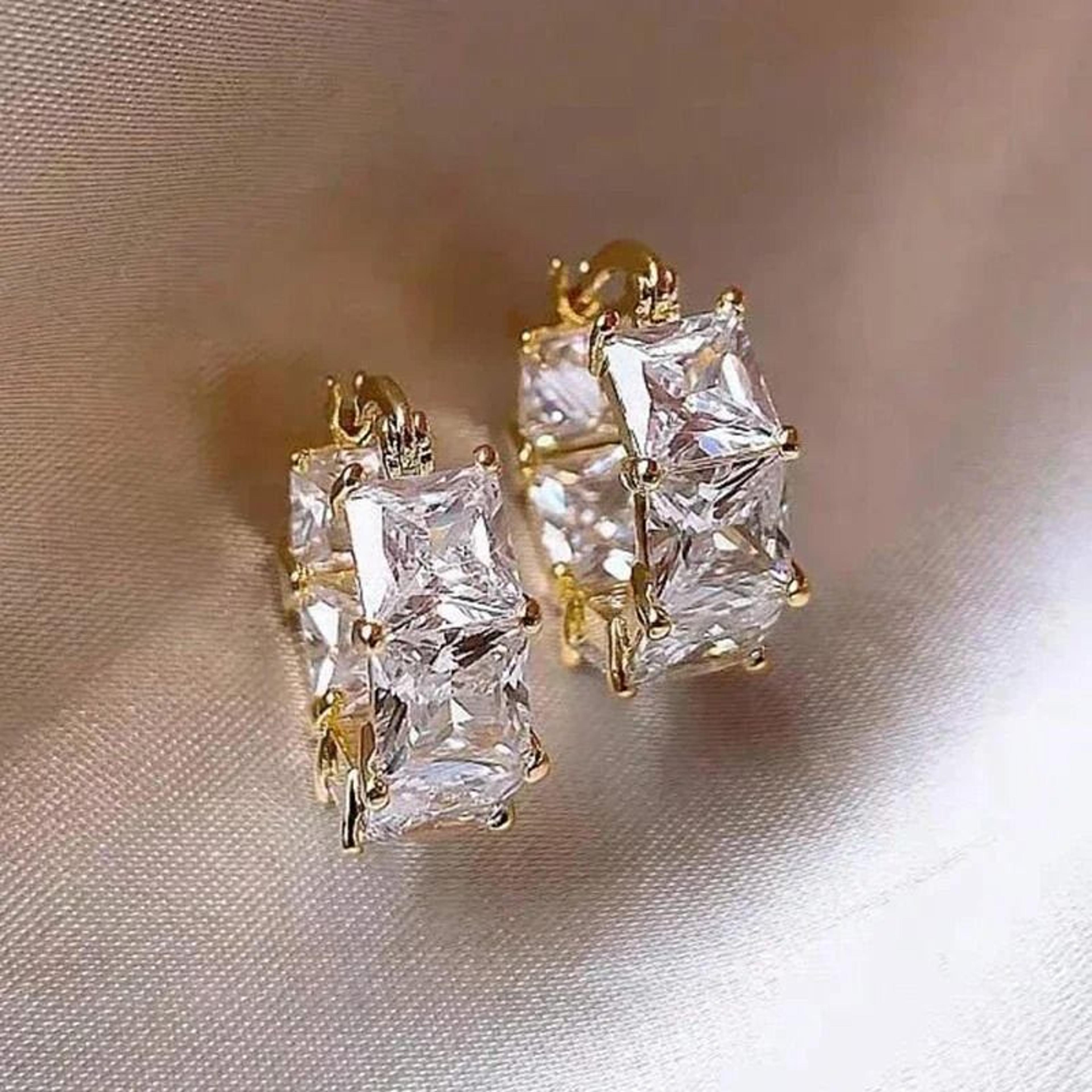 Elegant Gold Hoop Earrings With Square Gem Accents For Women 5