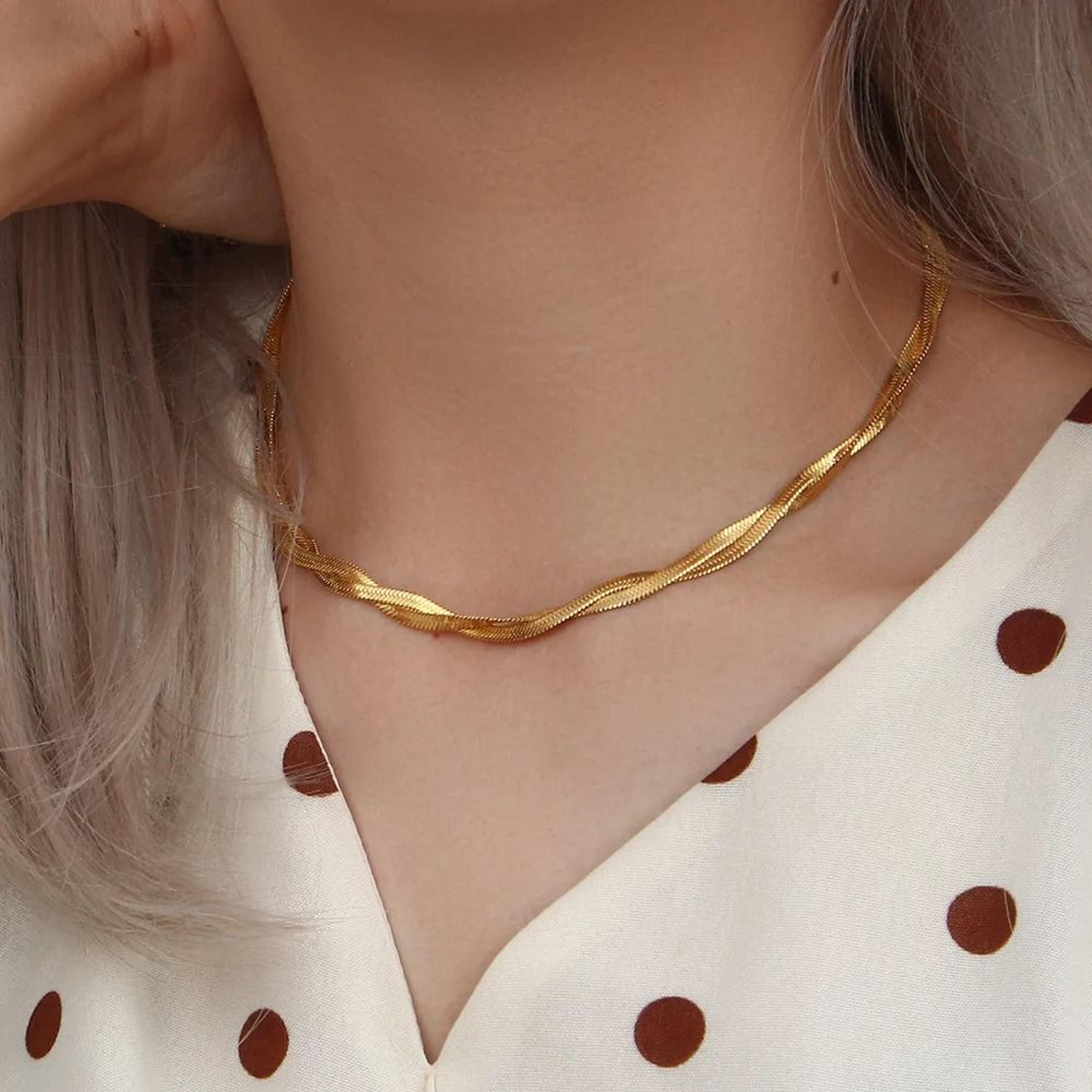Gold Plated Waterproof Braided Herringbone Chain Necklace And Bracelet Set For Women 3