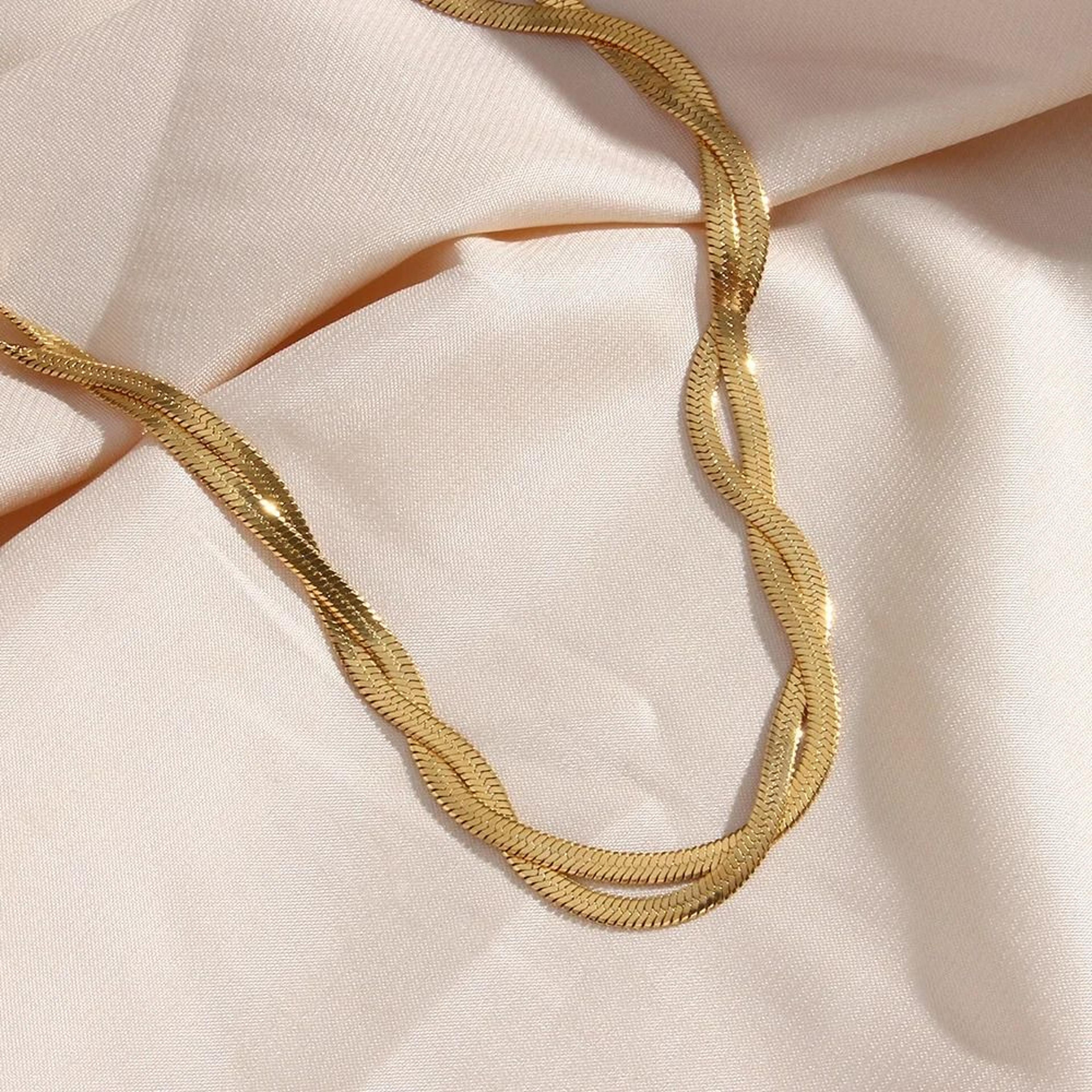 Gold Plated Waterproof Braided Herringbone Chain Necklace And Bracelet Set For Women 4
