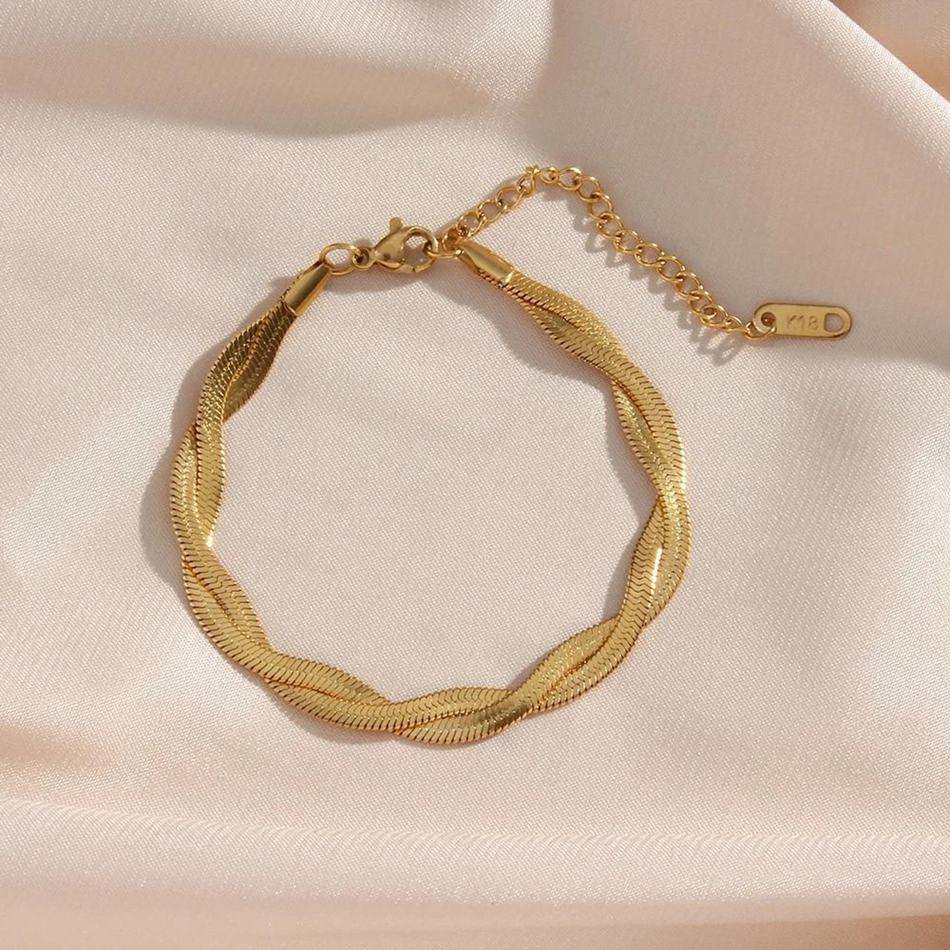 Gold Plated Waterproof Braided Herringbone Chain Necklace And Bracelet Set For Women 5