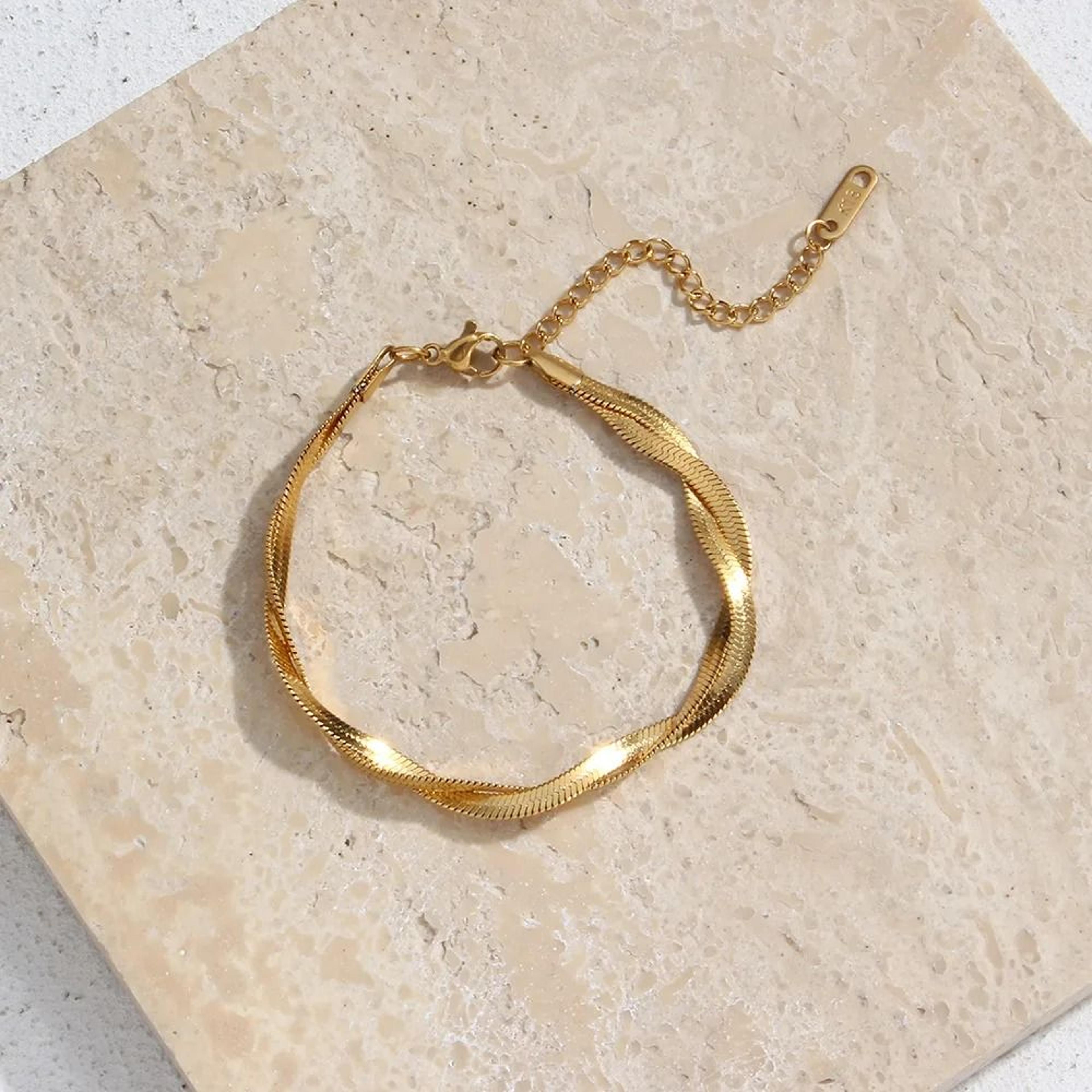 Gold Plated Waterproof Braided Herringbone Chain Necklace And Bracelet Set For Women 6