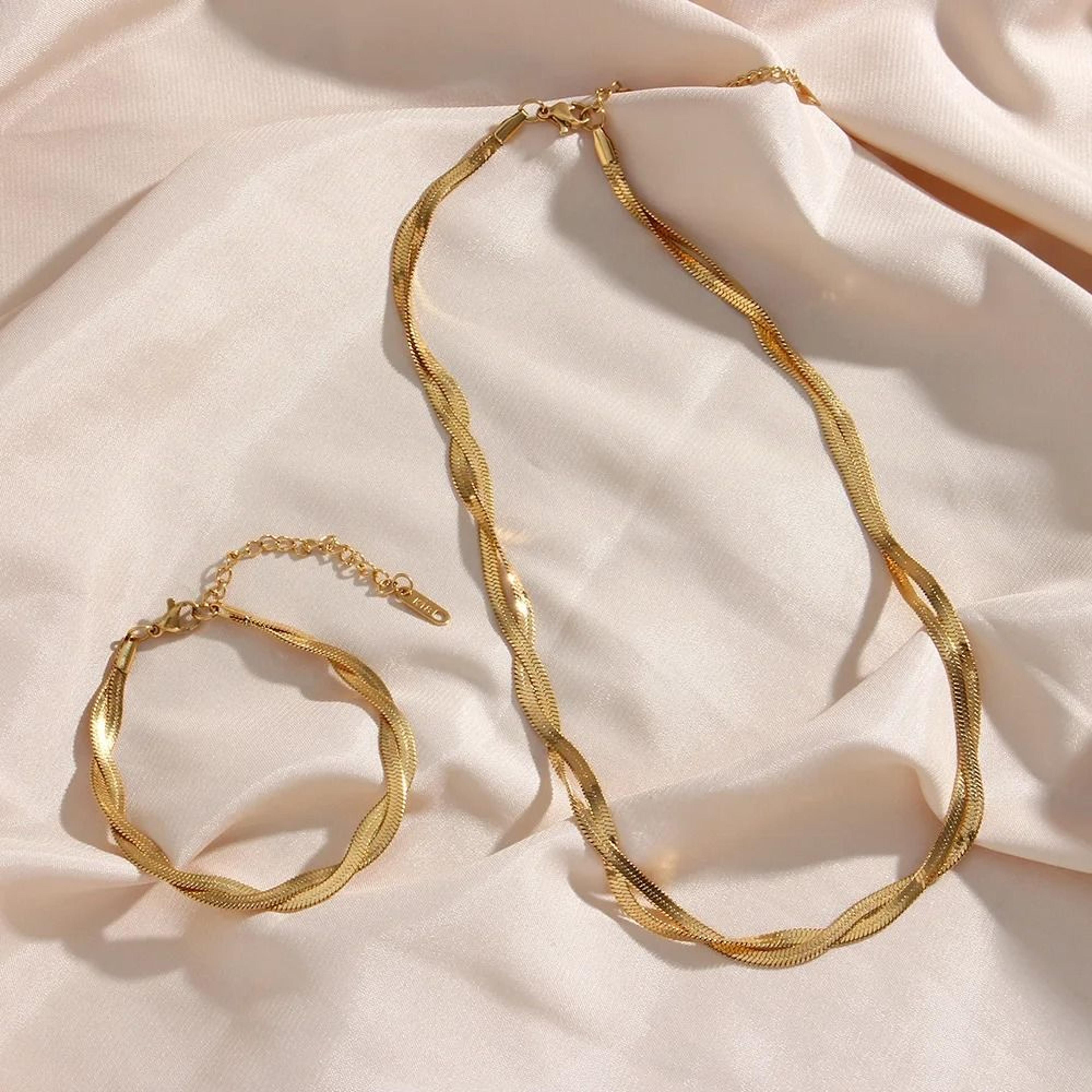 Gold Plated Waterproof Braided Herringbone Chain Necklace And Bracelet Set For Women 8