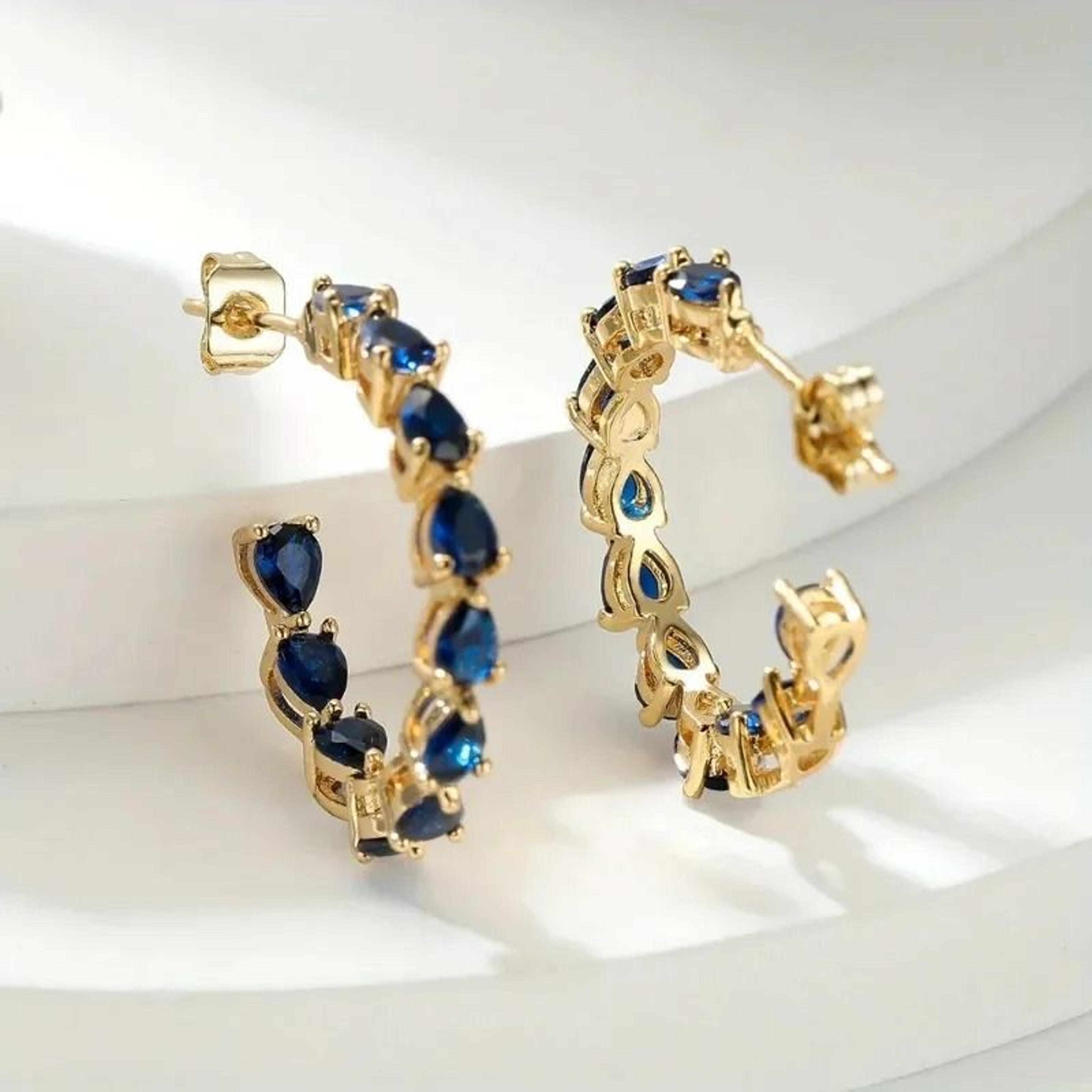 Blue Teardrop Zirconia Inlaid Gold Color Earrings Elegant Women Jewelry 5