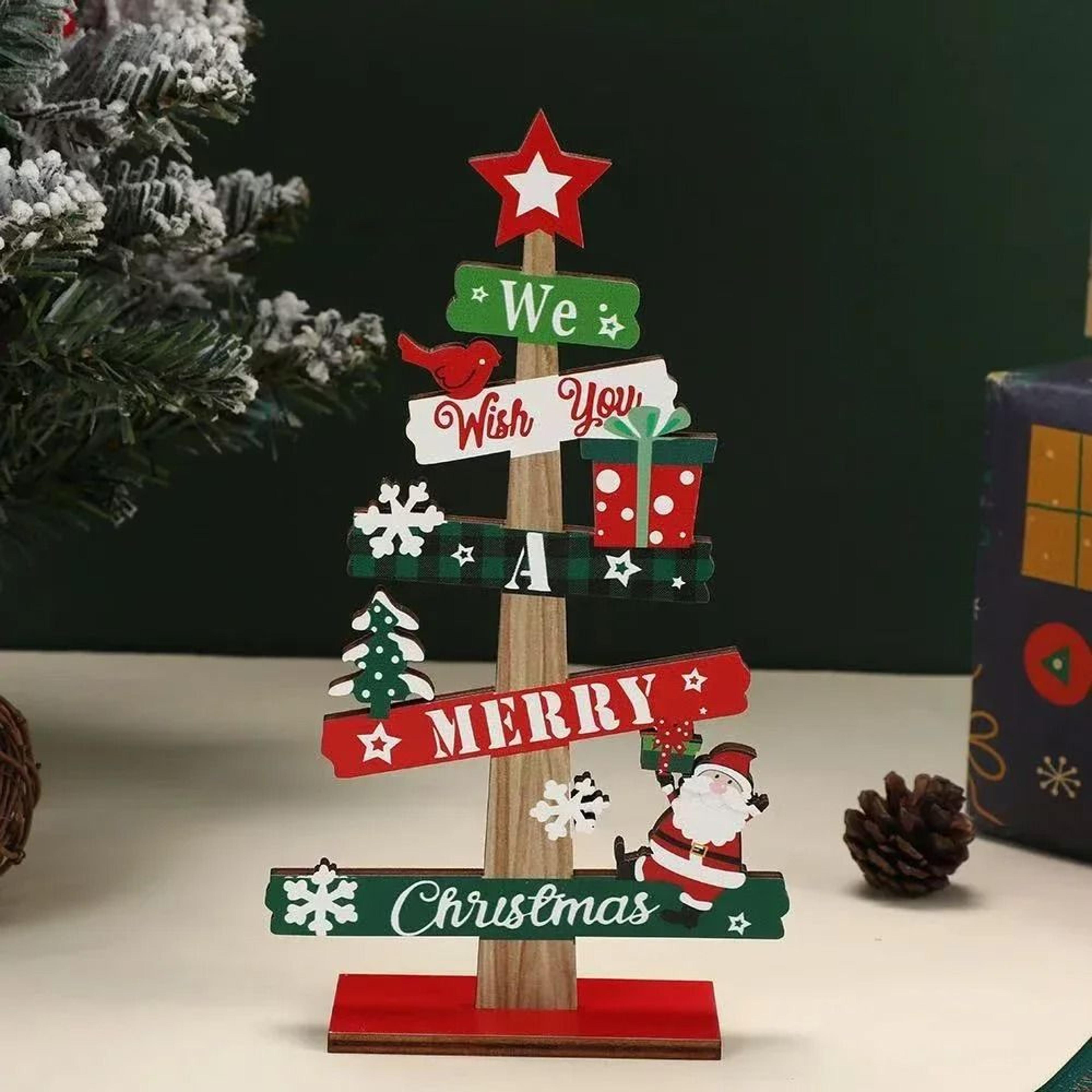 Wooden Christmas Tree Ornament With Santa And Snowman 1