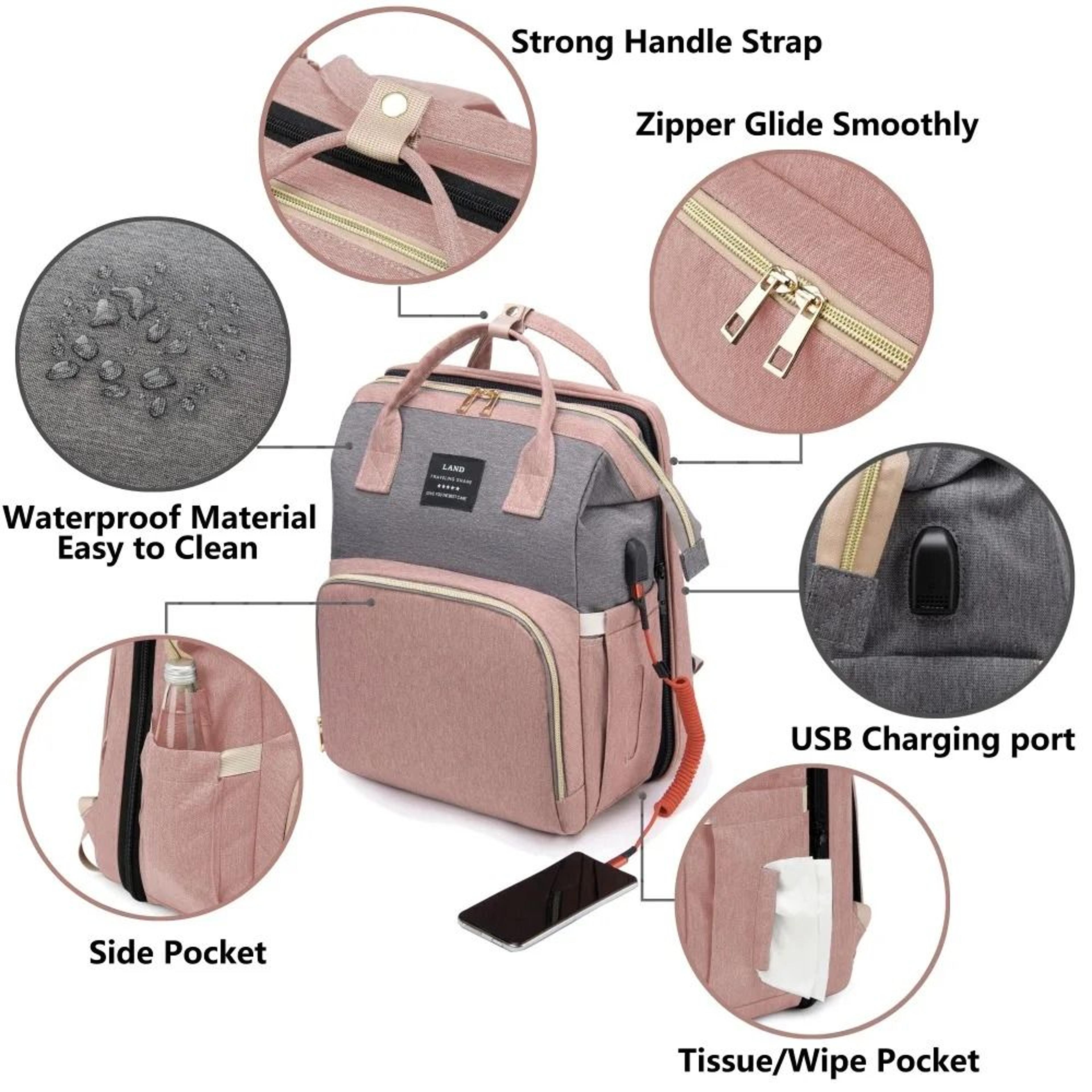 Large Capacity Mom Travel Backpack Diaper Bag With Portable Folding Crib Bed 1